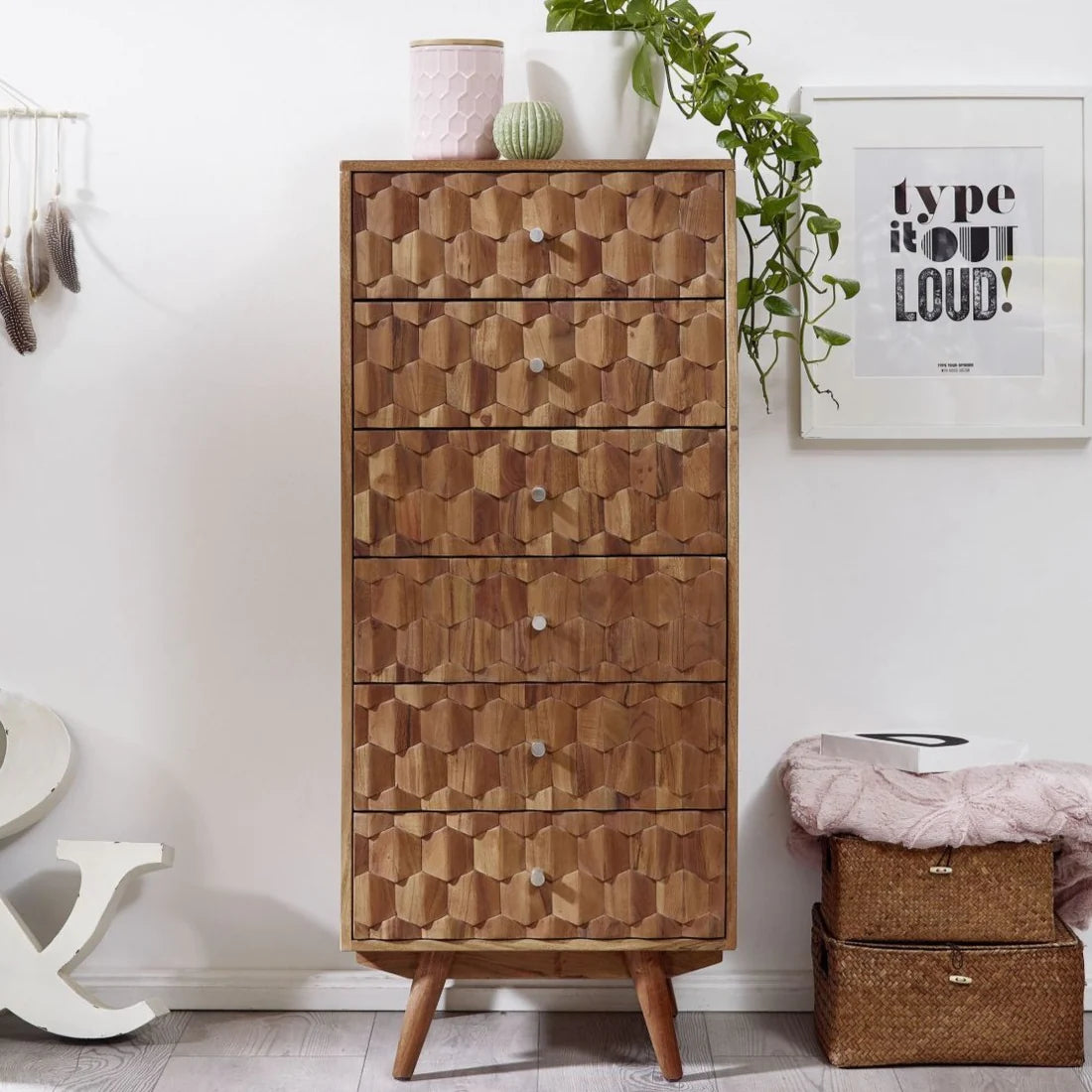 Gfine 6-Drawer Solid Acacia Wood Dresser 53x42x128cm - Perfect for Bedroom Storage & Closet Organization