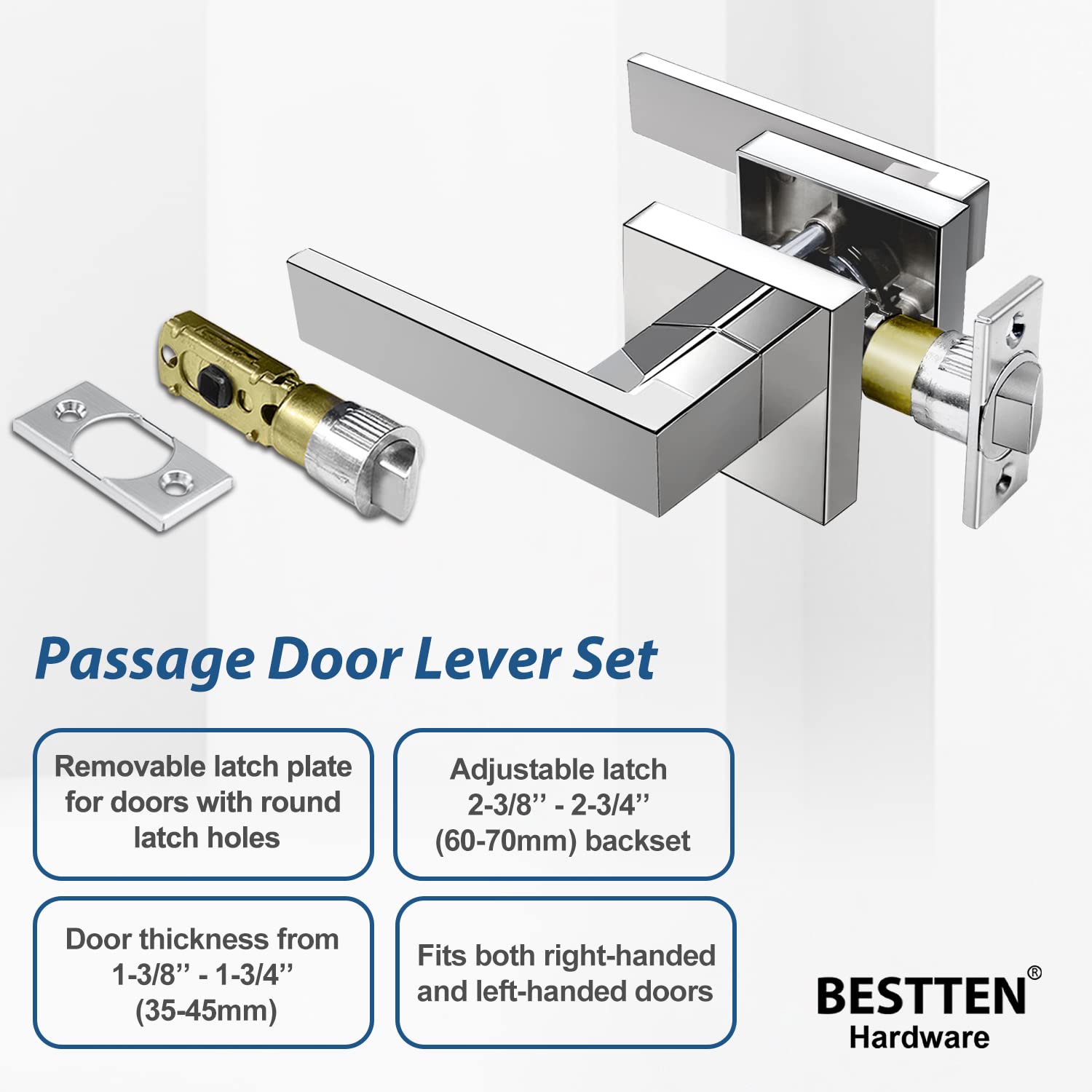 BESTTEN 3-Pack Square Passage Door Lever No Key - Heavy Duty Interior Door Handle for Hallway Closet & Bedroom - Monaco Series Satin Chrome Finish with Removable Latch Plate - Perfect for Residential Homes, Apartments and Office Spaces
