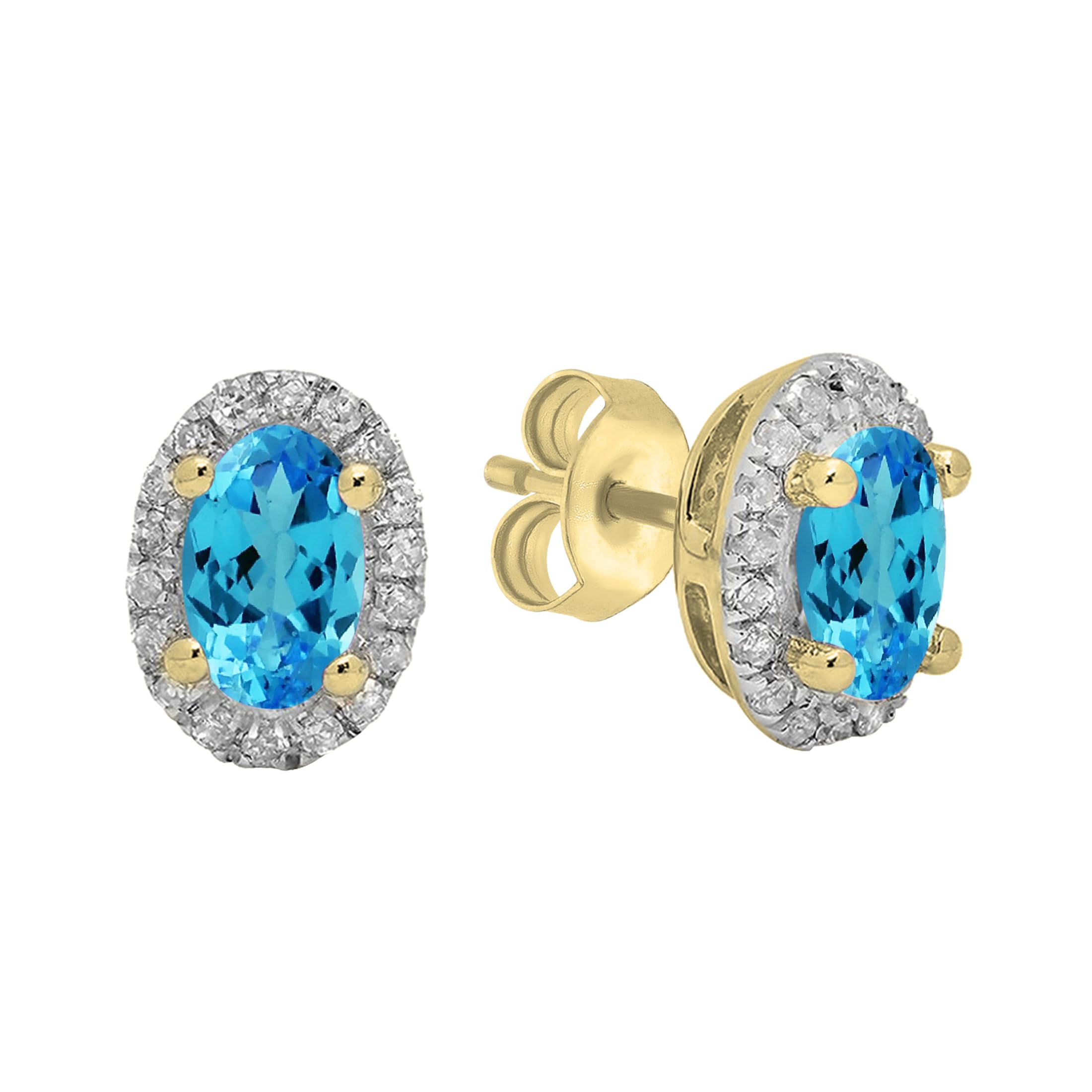 Dazzlingrock 10K Solid Yellow Gold Oval Gemstone & Round White Diamond Halo Stud Earrings for Women | 5x3mm Each | Elegant Jewelry Gift for Anniversary, Birthday & Special Occasions