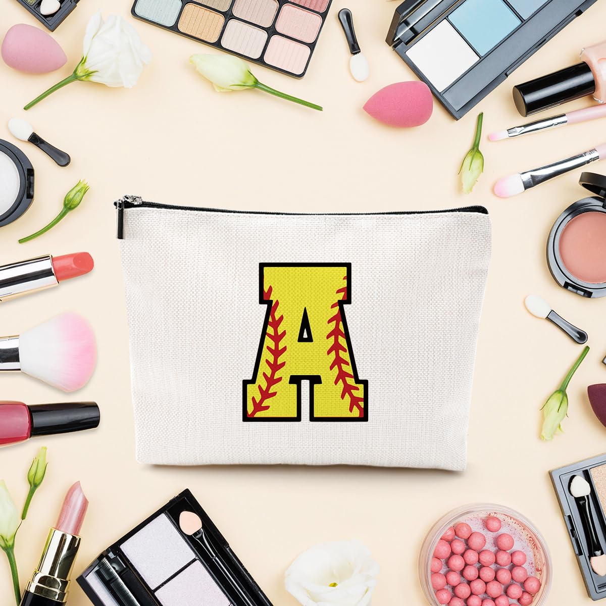 Personalized Monogrammed Makeup Bag for Women & Girls - Custom Cosmetic Pouch, Toiletry Bag, Softball Coach Gift (A-Z) - Perfect for Travel, Gym, Team Gifts & Everyday Use