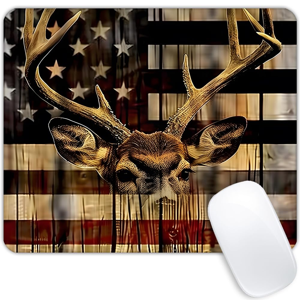 Wood Grain American Flag Hunting Deer Square Mouse Pad - Customized Texture, Washable Anti-Slip Rubber Base for Office & Laptop Use - Perfect for Gaming, Work, and Home Office Setup