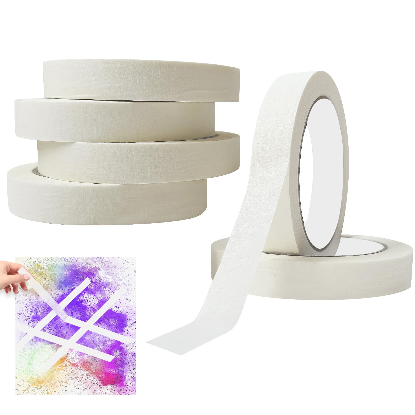 6 Rolls Masking Tape - 18mm x 5M Painters Tape for Walls, White Pinstripe Tape, Automotive & Craft Tape - Perfect for Art Painting, Tile Seamstresses, Automotive Spray Masking, DIY Projects & Home Renovations
