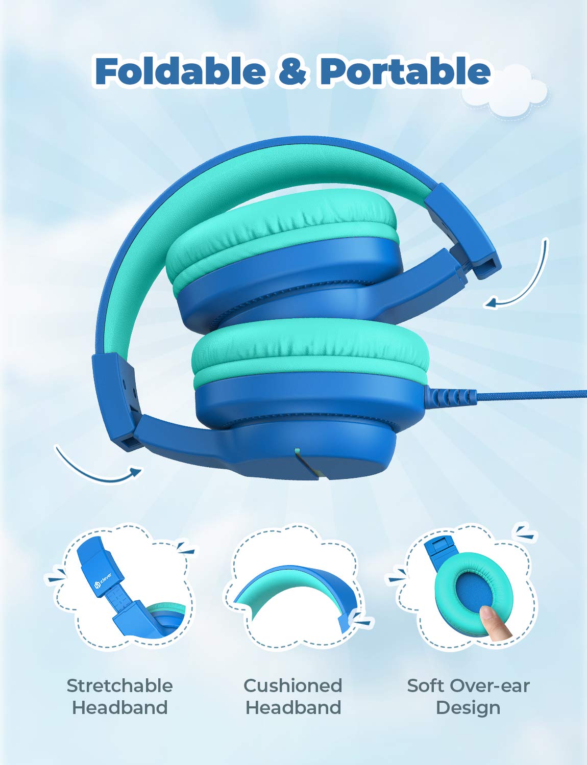 iClever Kids Headphones with Volume Limiter (74/85dB) - Stereo Over-Ear Wired Headset with Built-in Mic for School, Travel & Online Learning - Compatible with iPad, Computer, Laptop - Foldable Design (2 Pack) - Perfect for Classroom, Airplane & Homeschooling
