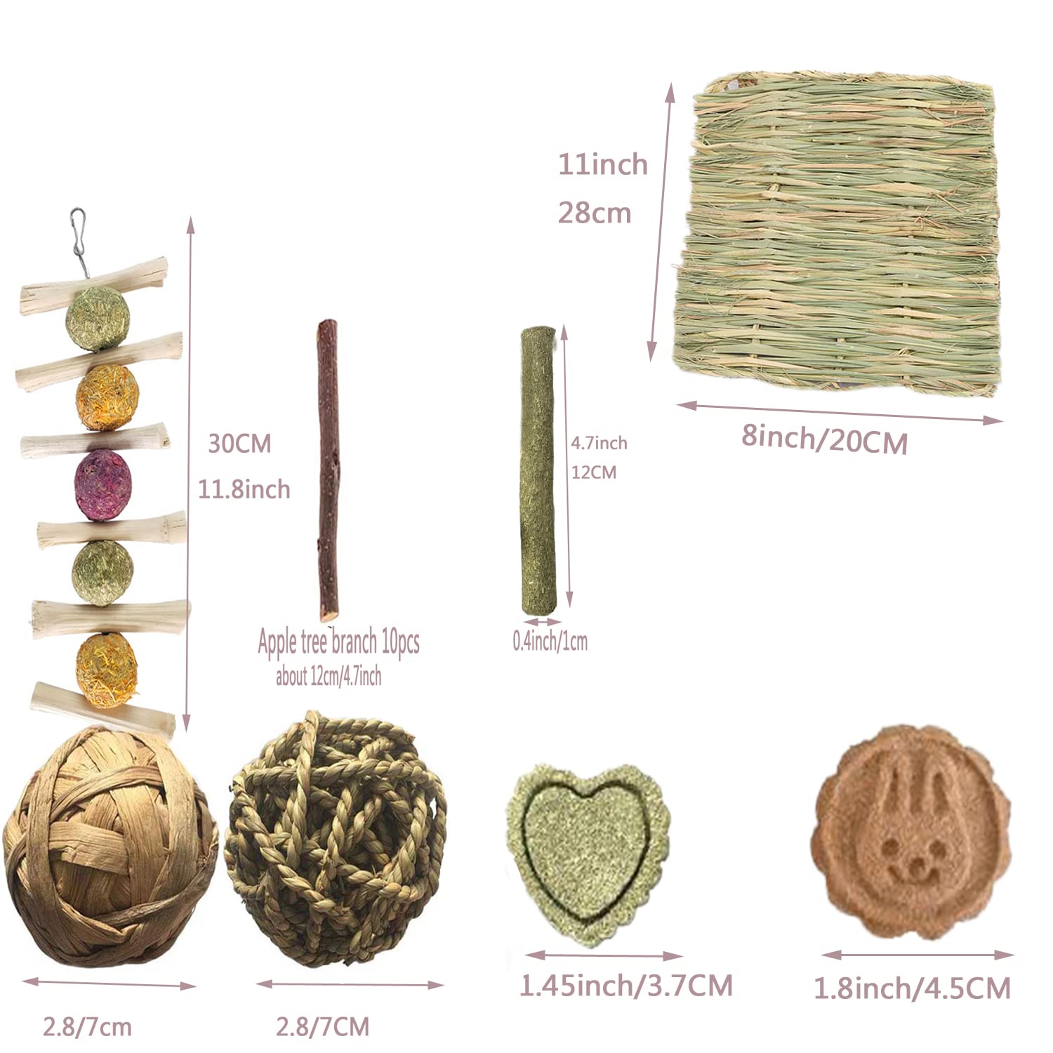 **30PCS Natural Timothy Hay & Apple Wood Chew Toys for Rabbits, Guinea Pigs, Hamsters, Chinchillas - Handmade Dental Treats for Teeth & Molar Care - Perfect for Cage Enrichment & Small Pet Chewing Needs**