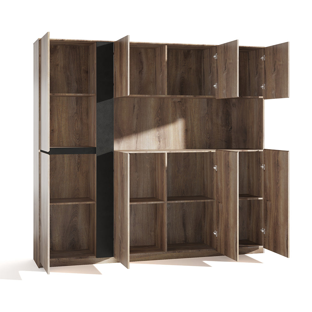 TRIBECA Display Wall Unit 218cm Warm Oak - Modern Bookshelf & Storage Cabinet for Living Room, Bedroom, and Office Organization