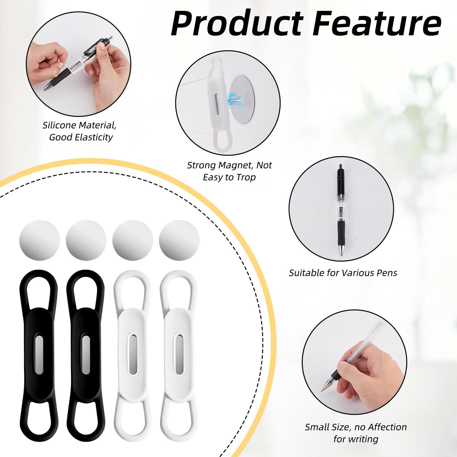 NICENEEDED 8 Pack Magnetic Pen Holders - Adjustable Silicone Pen Pencil Organizer for Desk, Office & School - Flexible Marker Storage Solution for Home, Work & Study (Black)