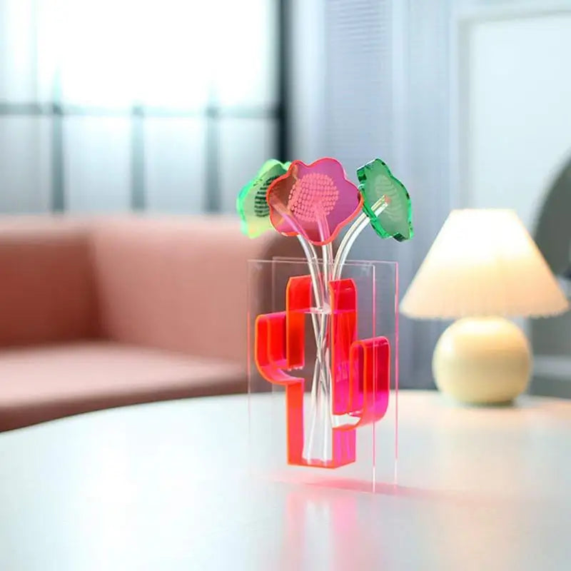 Neon Cactus Acrylic Vase & Desktop Organizer - Modern Home Office Decor for Pens, Pencils & Makeup Brushes - Perfect for Workstations, Desks & Gift Ideas