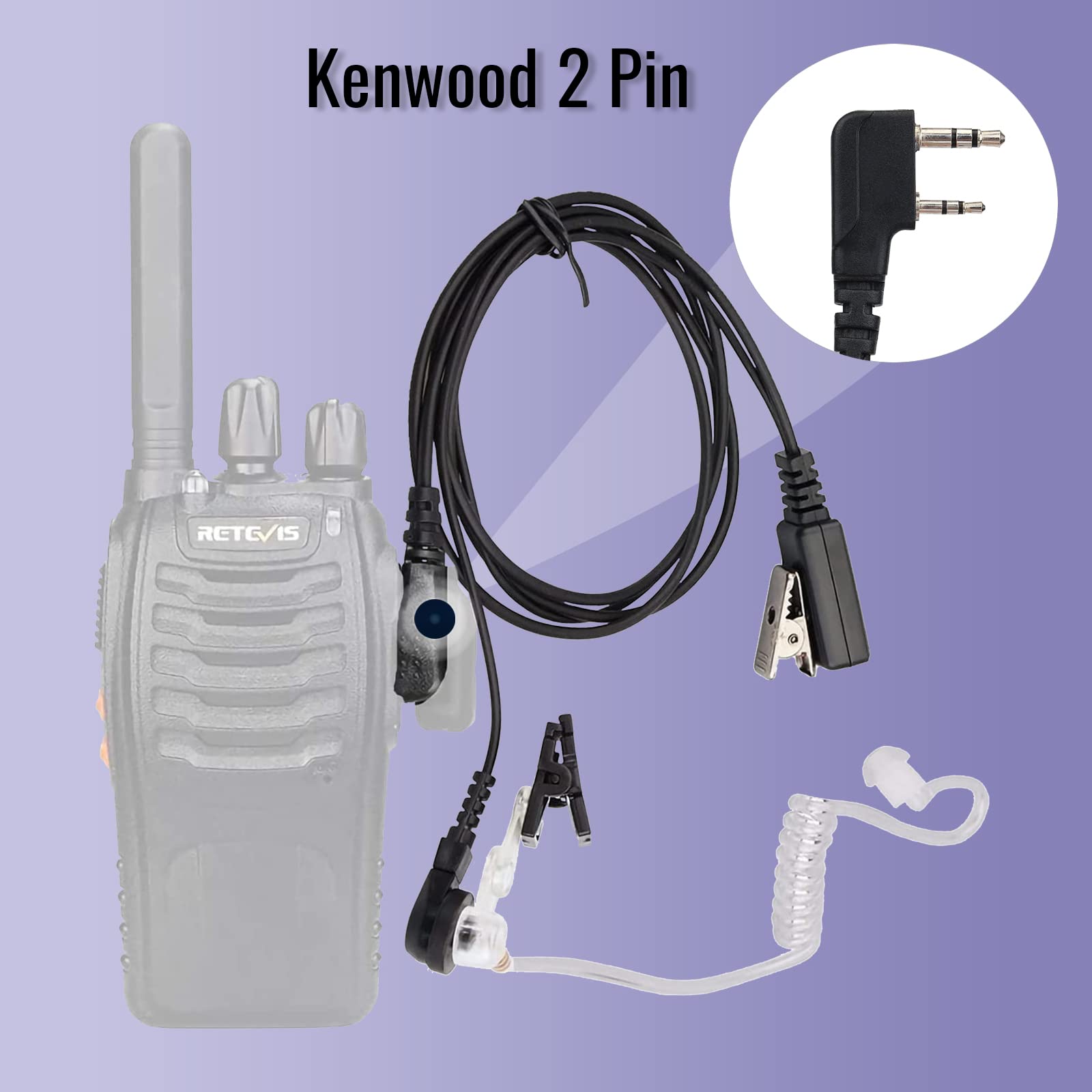 Retevis 2 Pin Walkie Talkie Earpiece with Mic - Acoustic Tube Security Headset for Two Way Radios (RT24 RT22 RT27 RT1 RT5R RT7 Baofeng UV-5R BF-888S Kenwood HYT) - Ideal for Security, Construction & Event Staff (2 Pack)