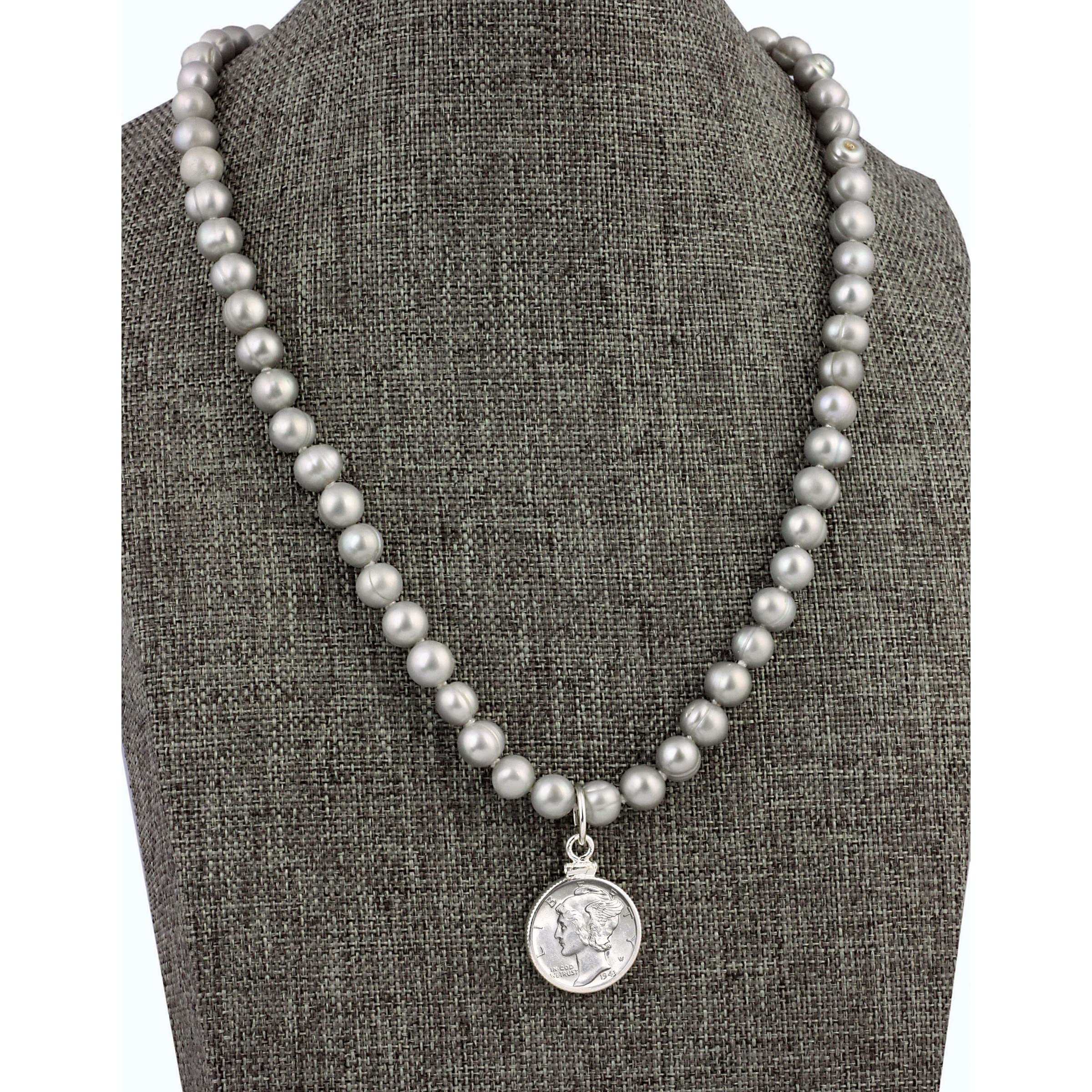 American Coin Treasures Mercury Dime Coin Pendant Necklace with Grey Pearl & Heart Toggle Closure - Vintage Jewelry Gift for Women, Perfect for Valentine's Day & Anniversary Celebrations