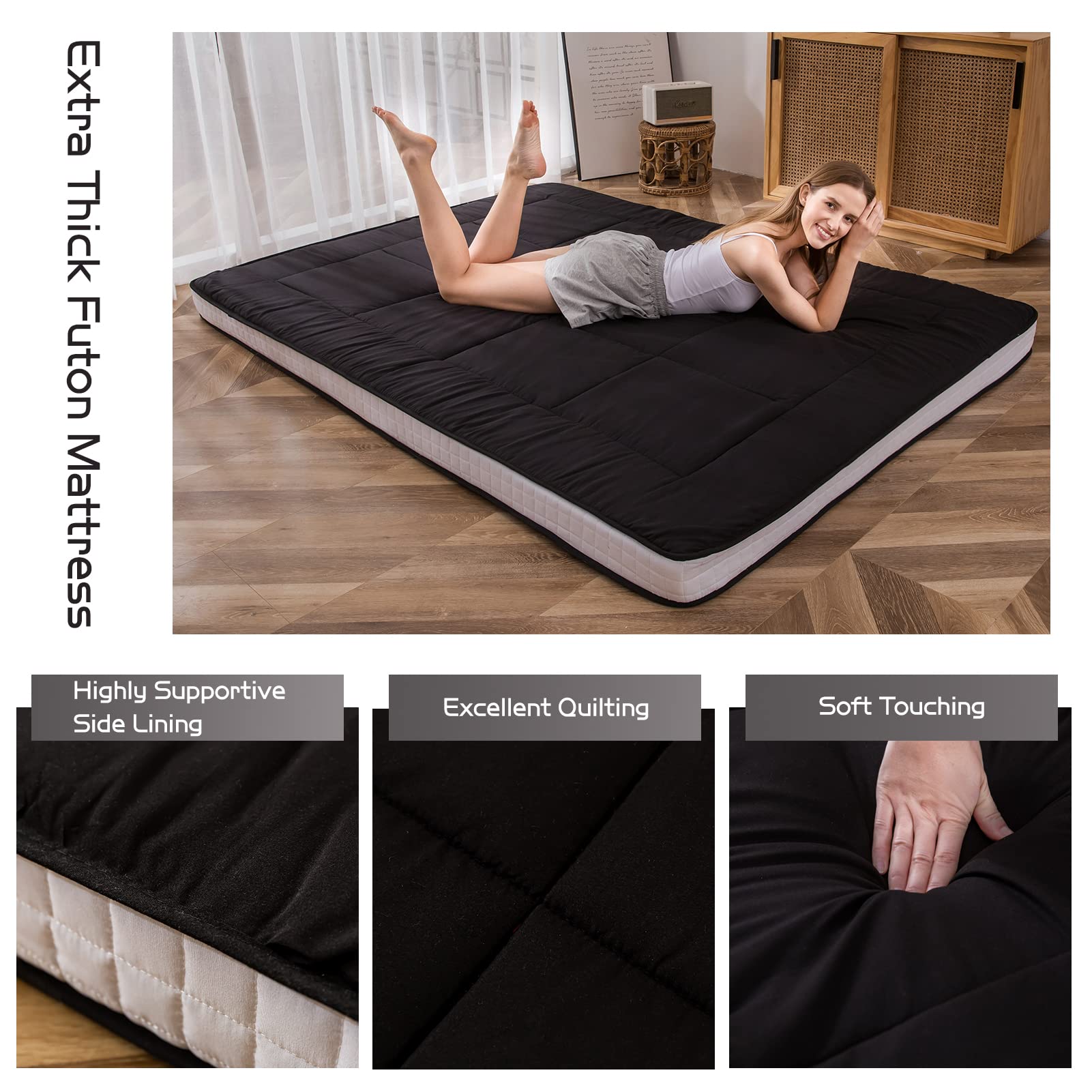 MAXYOYO Japanese Floor Futon Mattress - Extra Thick Quilted Padded Sleeping Pad, Breathable Foldable Guest Bed for Camping, Couch & Small Spaces (Queen Size, Black) - Perfect for Home, Office & Travel Use