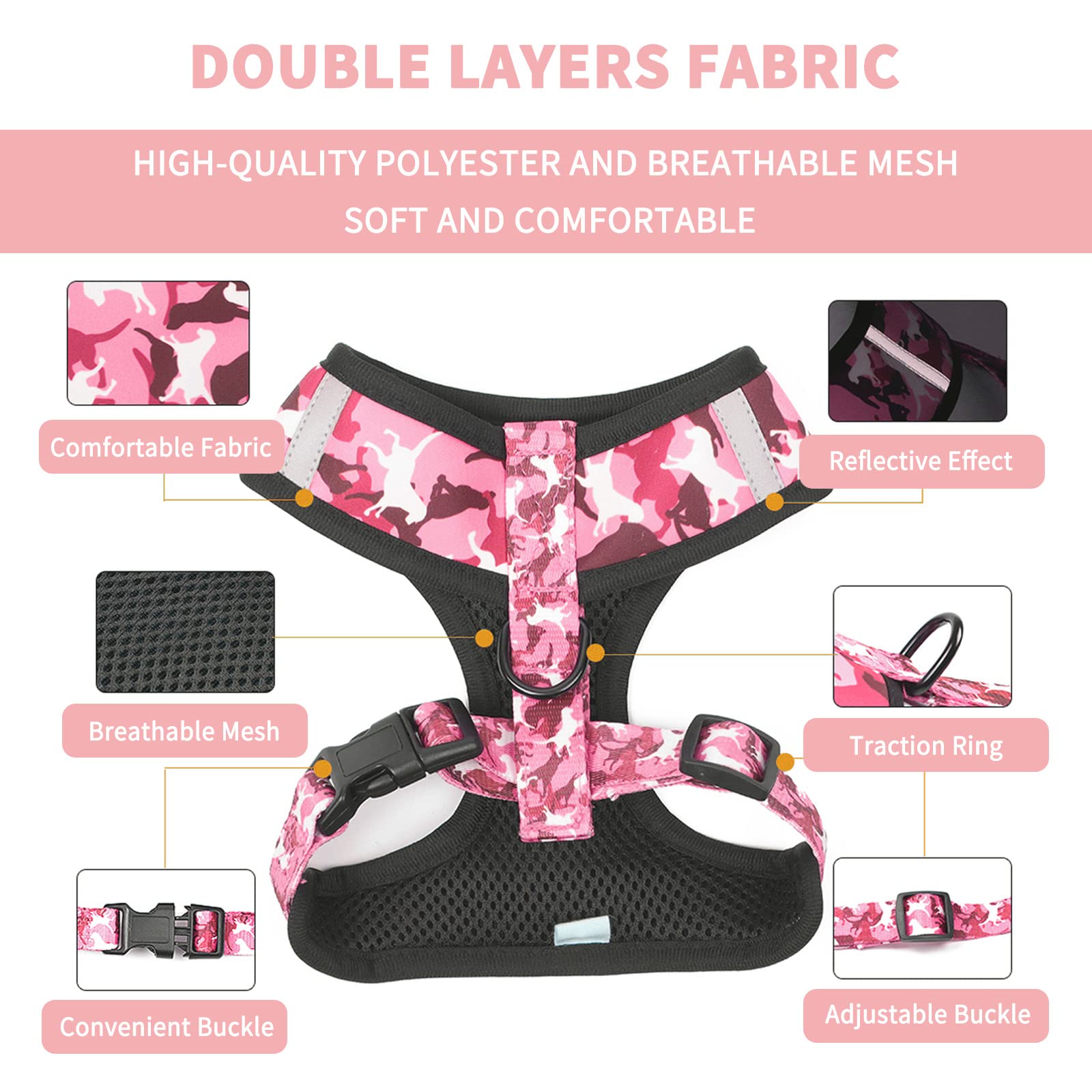**Adjustable Reflective No-Pull Dog Harness & Leash Set for Small Dogs & Puppies - Pink Camouflage Vest with Bow-Tie Collar & Poop Bags (Size S) - Perfect for Walking, Training & Outdoor Adventures**