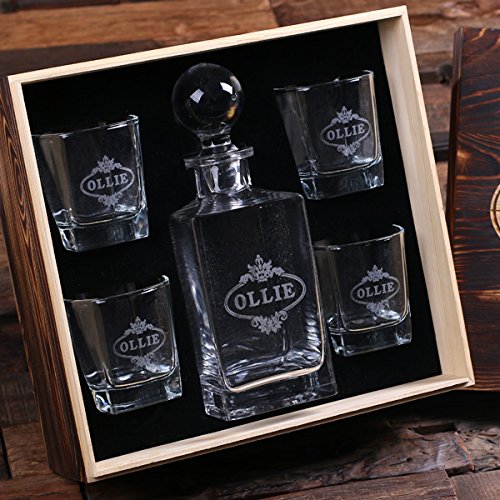 Teals Prairie & Co. Personalized Engraved Whiskey Decanter Set - 4 Crystal Whiskey Glasses & Premium Wood Gift Box - Perfect for Anniversary, Birthday & Housewarming Gifts
