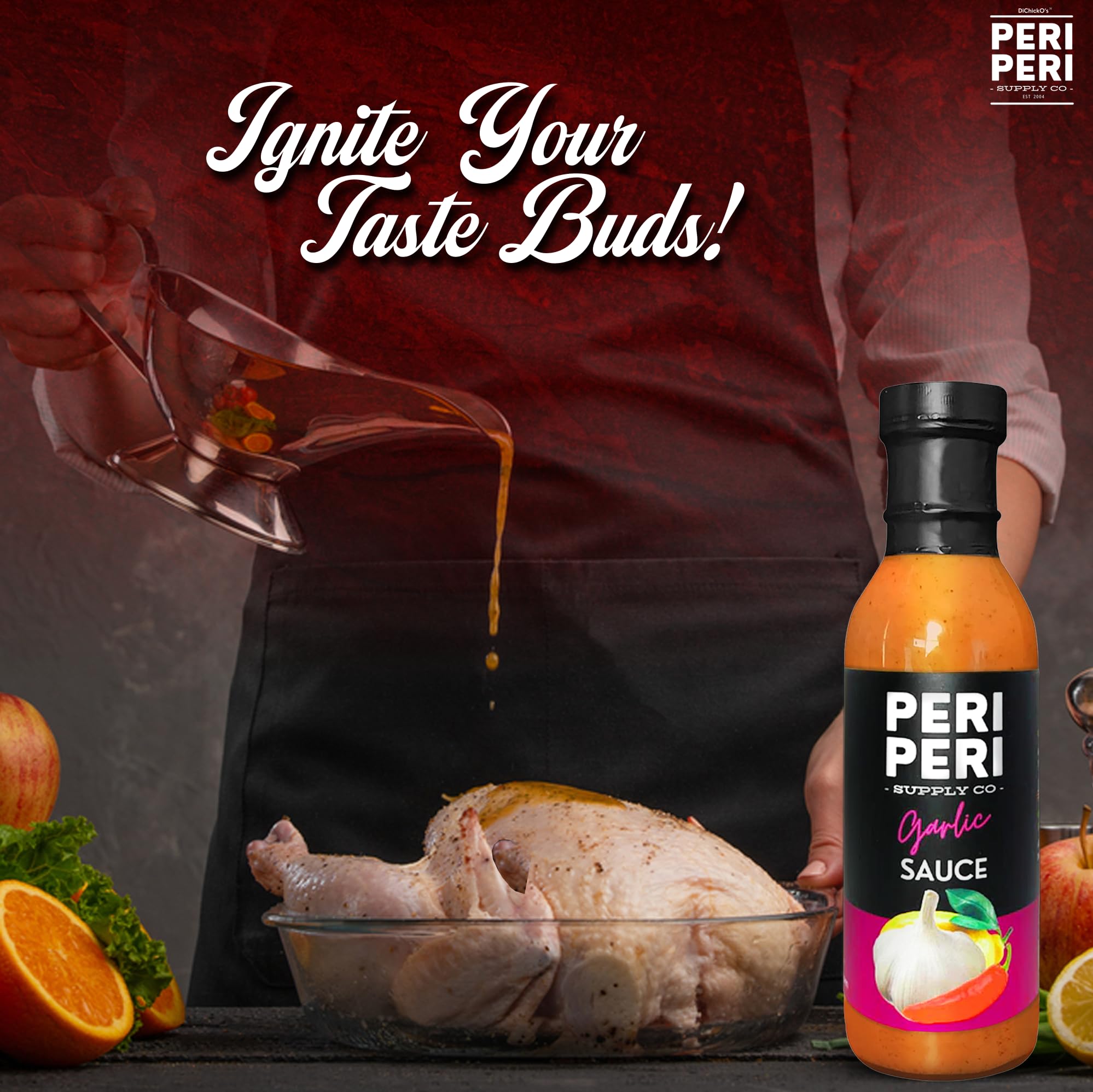DiChickO's Peri-Peri Garlic Hot Sauce - 12 fl oz Vegan Piri Piri Sauce Bottle - Tangy African Chili Sauce for Chicken Wings, Grilled Meats, French Fries & Seafood - Made in USA - Perfect for BBQ, Parties & Home Cooking