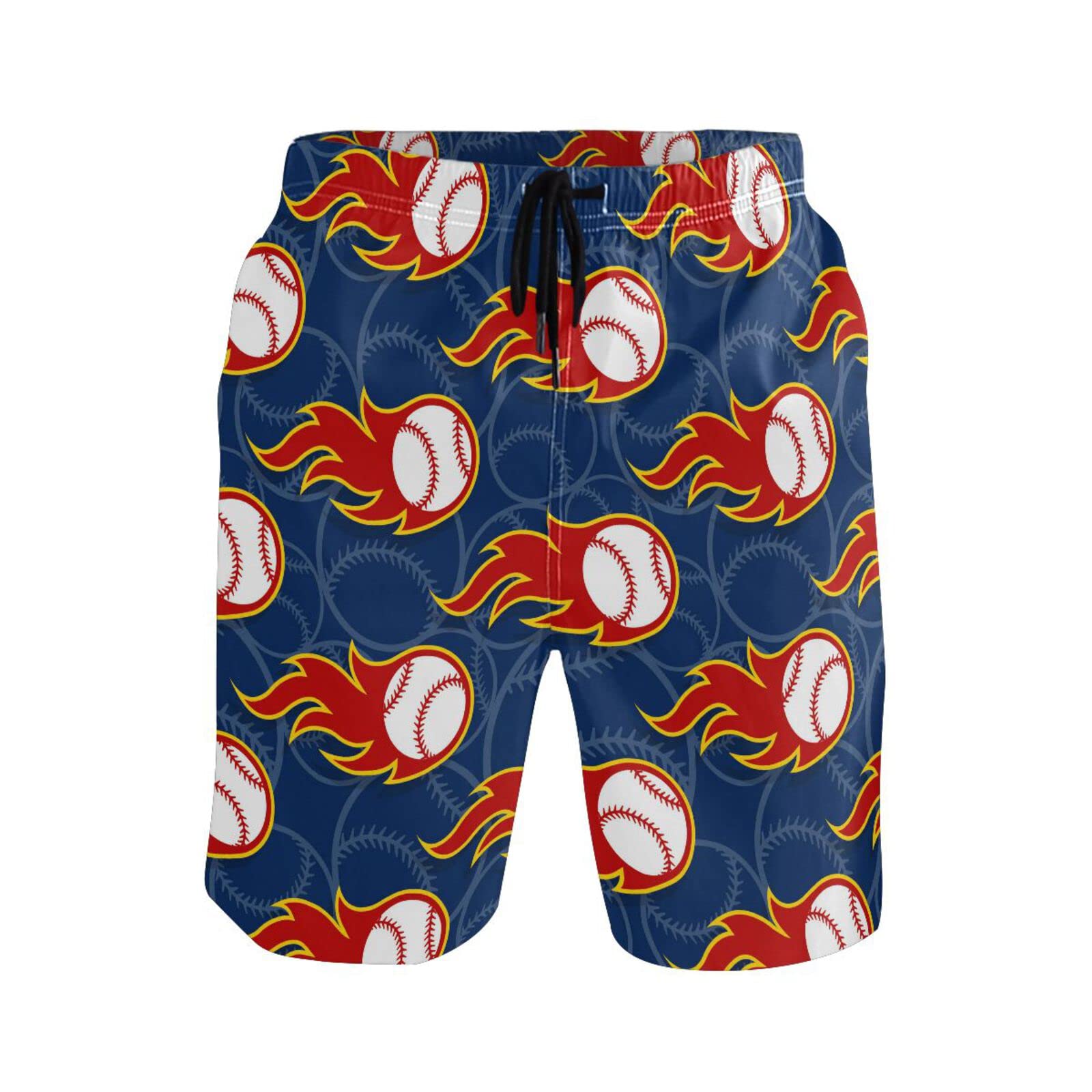 **Men's Baseball Flames Swim Trunks - Quick-Dry Beach Shorts with Pockets for Swimming, Surfing & Summer Vacations**
