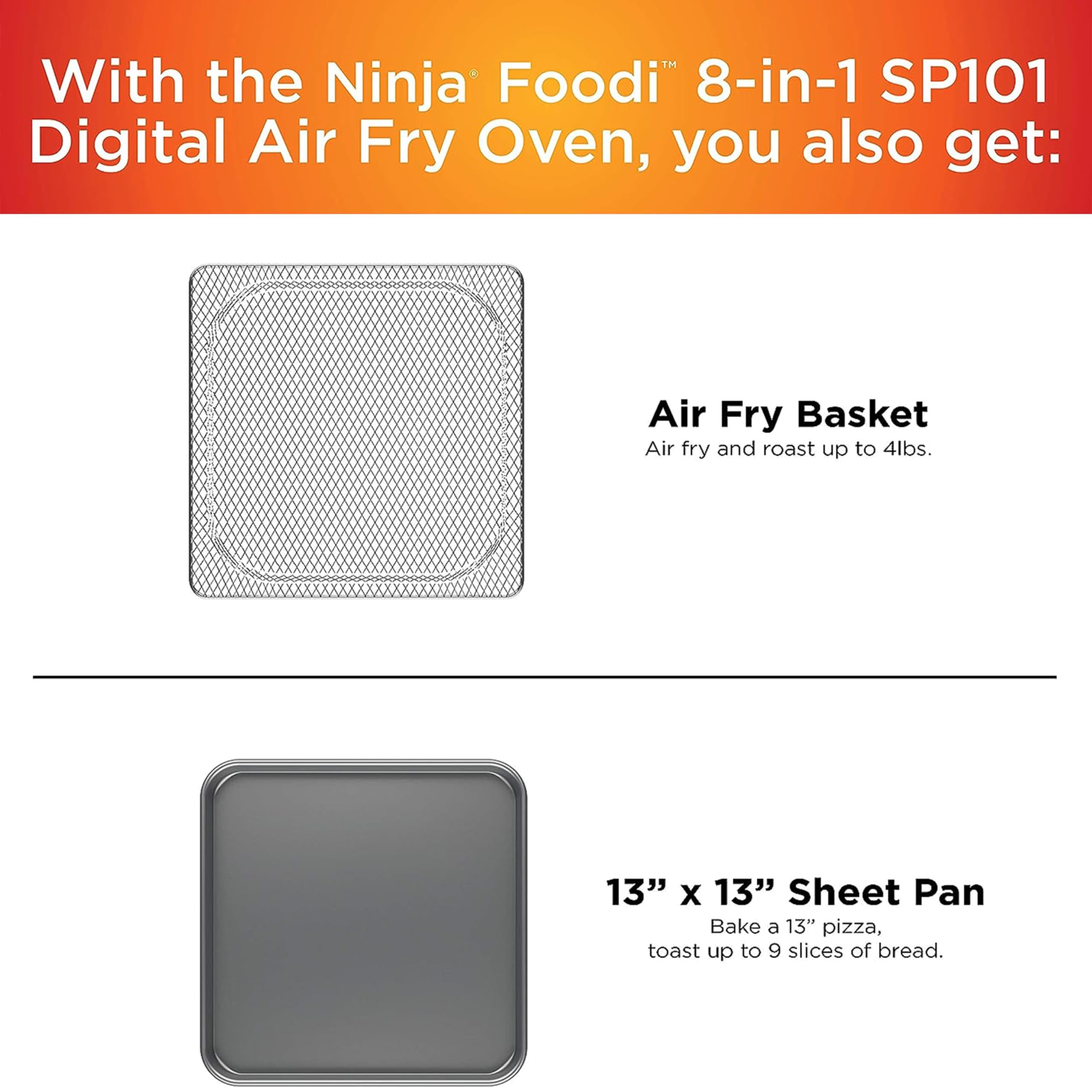 Ninja SP101 Digital Air Fryer Toaster Oven - 8-in-1 Countertop Convection Oven with Flip-Up Design for Space Saving, Includes Air Fry Basket, Wire Rack & Crumb Tray - Perfect for Baking, Roasting & Air Frying (Silver)