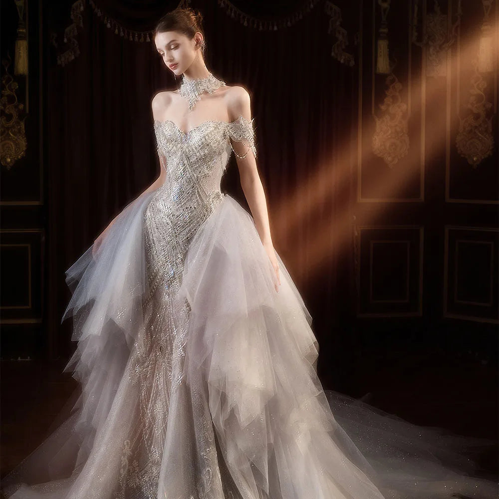 Elegant Mermaid Wedding Dress with Short Sleeves & Lace Beading - Perfect for Beach Weddings, Vow Renewals & Romantic Photoshoots