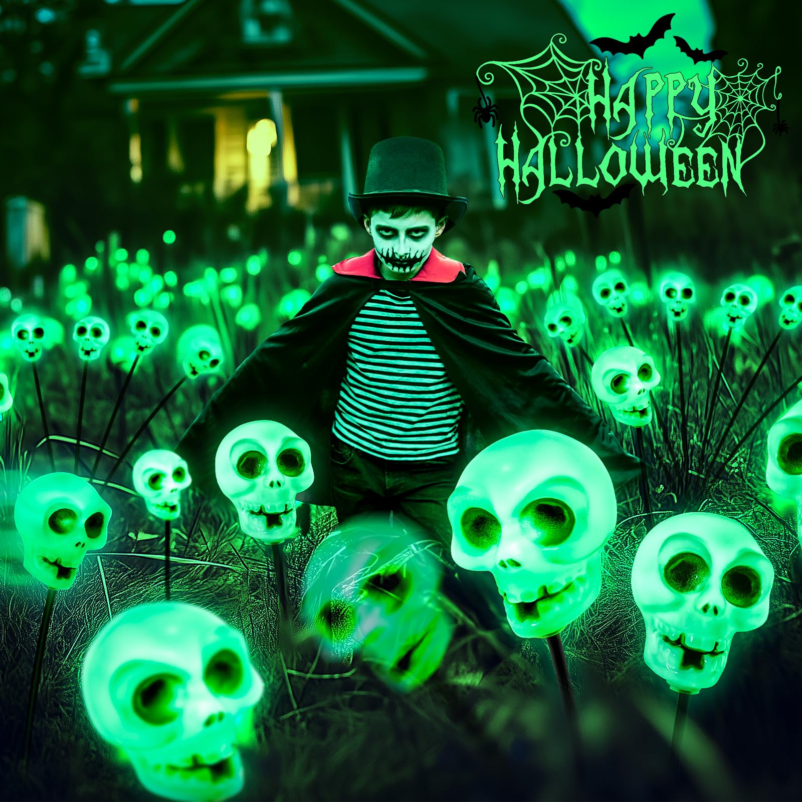 Scary Solar Skull Halloween Lights Outdoor - 2 Pack 12 LED Waterproof IP65 Halloween Decorations for Yard, Patio, Walkway & Garden | Perfect for Spooky Outdoor Lighting & Halloween Party Decor