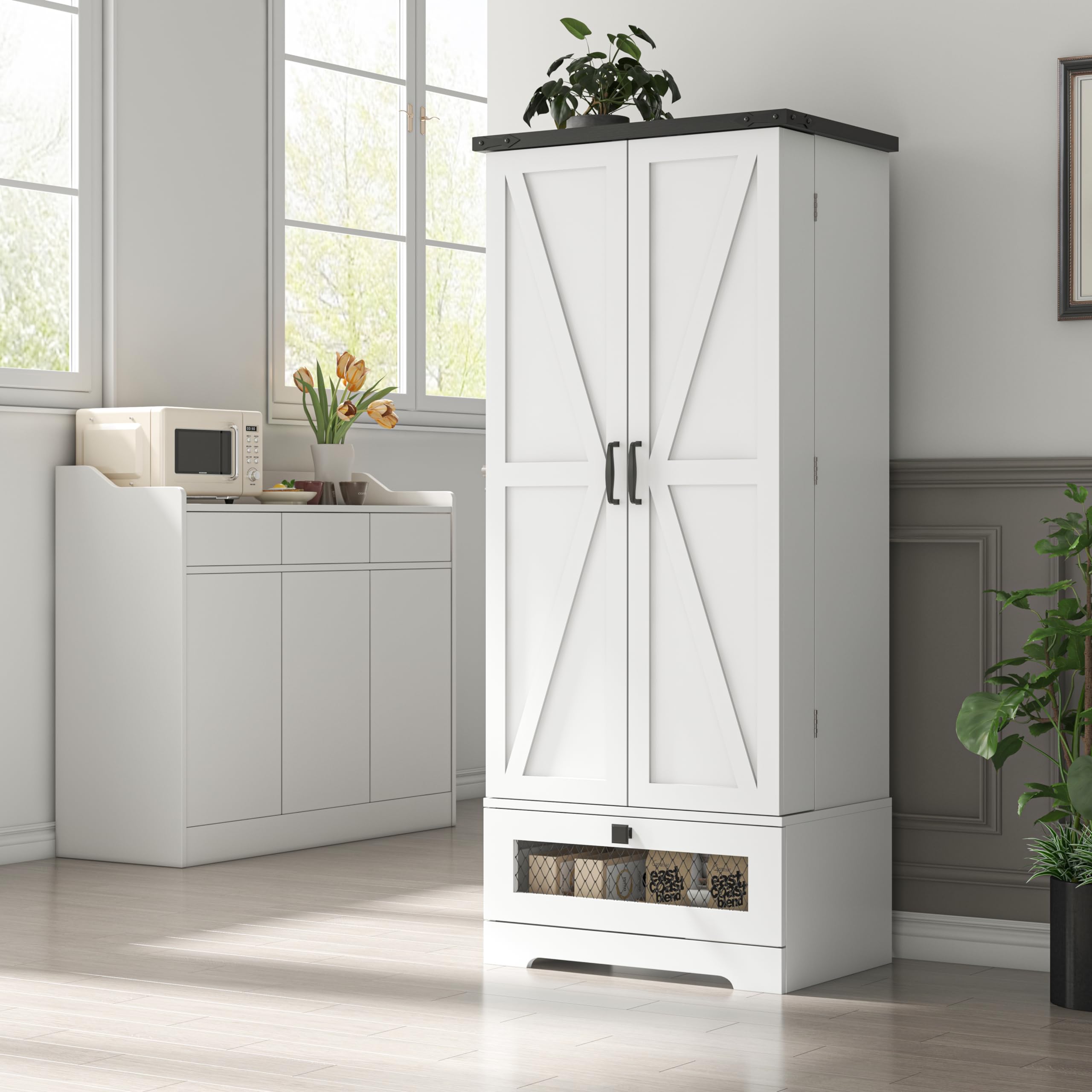 Jehiatek 55'' Adjustable Pantry Cabinet with Shelves & Drawer, Kitchen Storage Buffet Cupboard for Kitchen, Living Room, Bathroom, Dining Room, Perfect for Home Organization & Space Saving