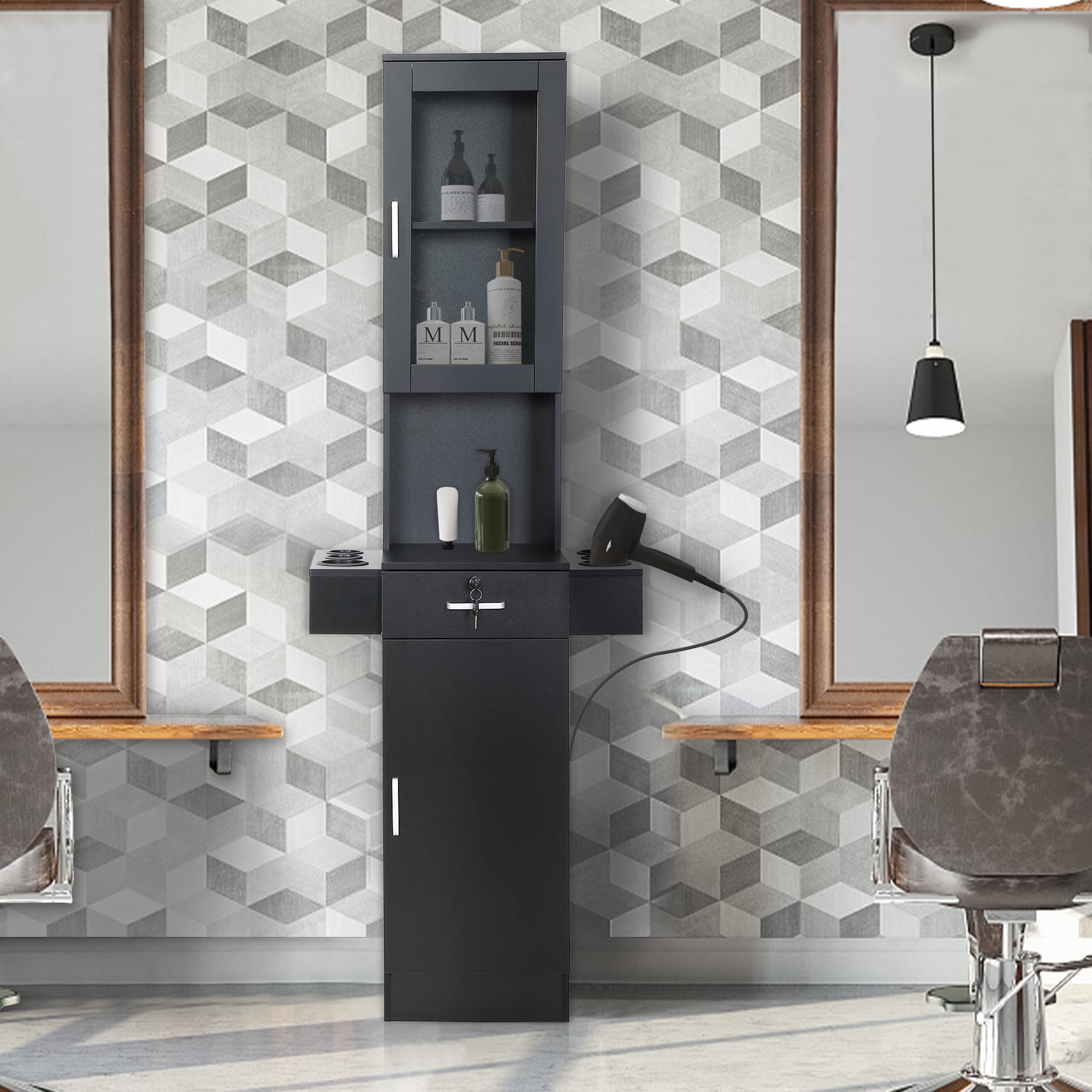 Wall Mounted Salon Cabinet - 3-Tier Beauty & Barber Station with 6 Hair Dryer Holes | Space Saving Storage for Salon, Spa, Barber Shop & Bathroom | Perfect for Hair Styling, Makeup Organization & Salon Equipment Storage (Black)