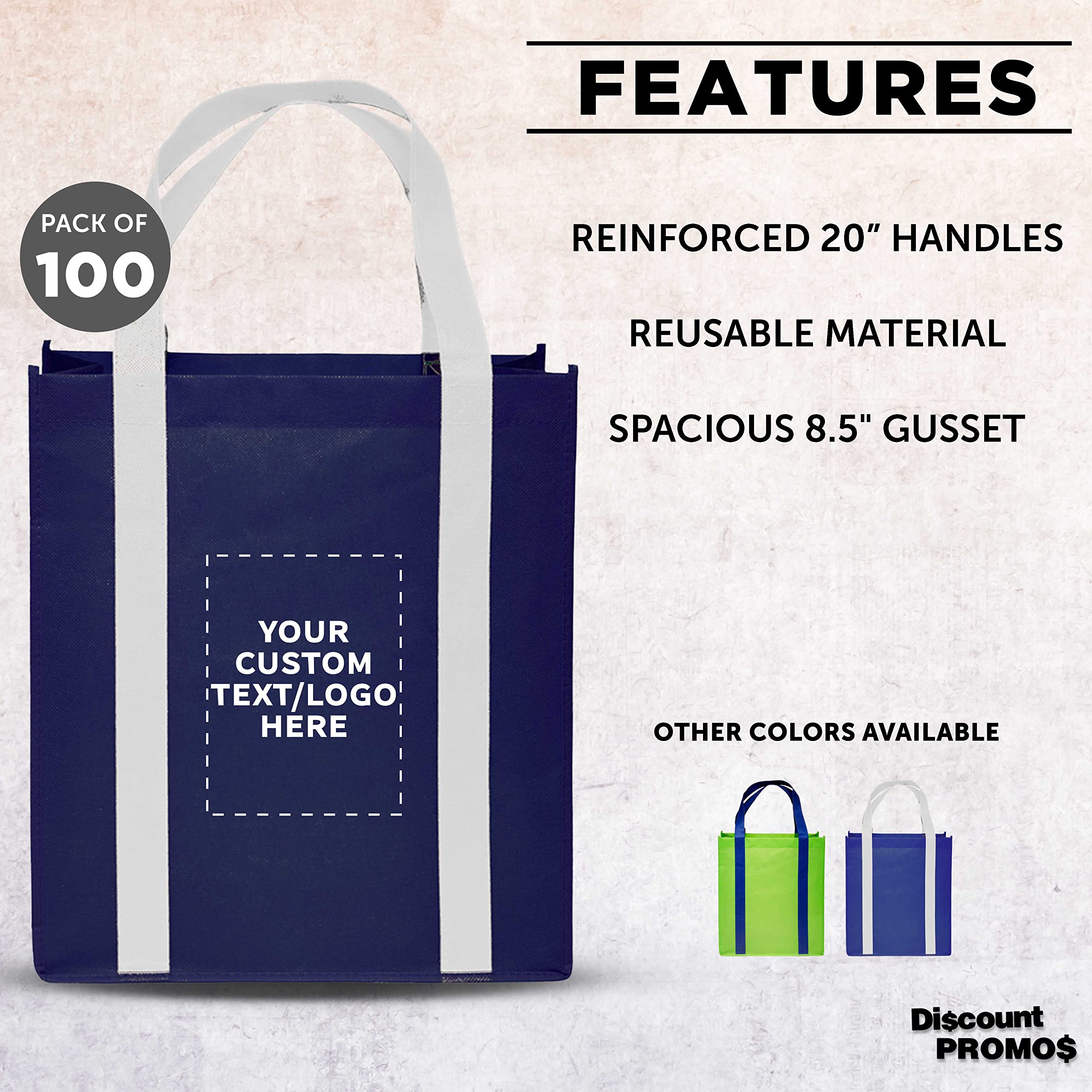 Custom Non-Woven Reusable Shopping Tote Bags - Bulk Pack of 100 Personalized Grocery Bags - Eco-Friendly Navy & White Totes for Shopping, Beach, Picnics, Wedding Favors & Retail Promotions