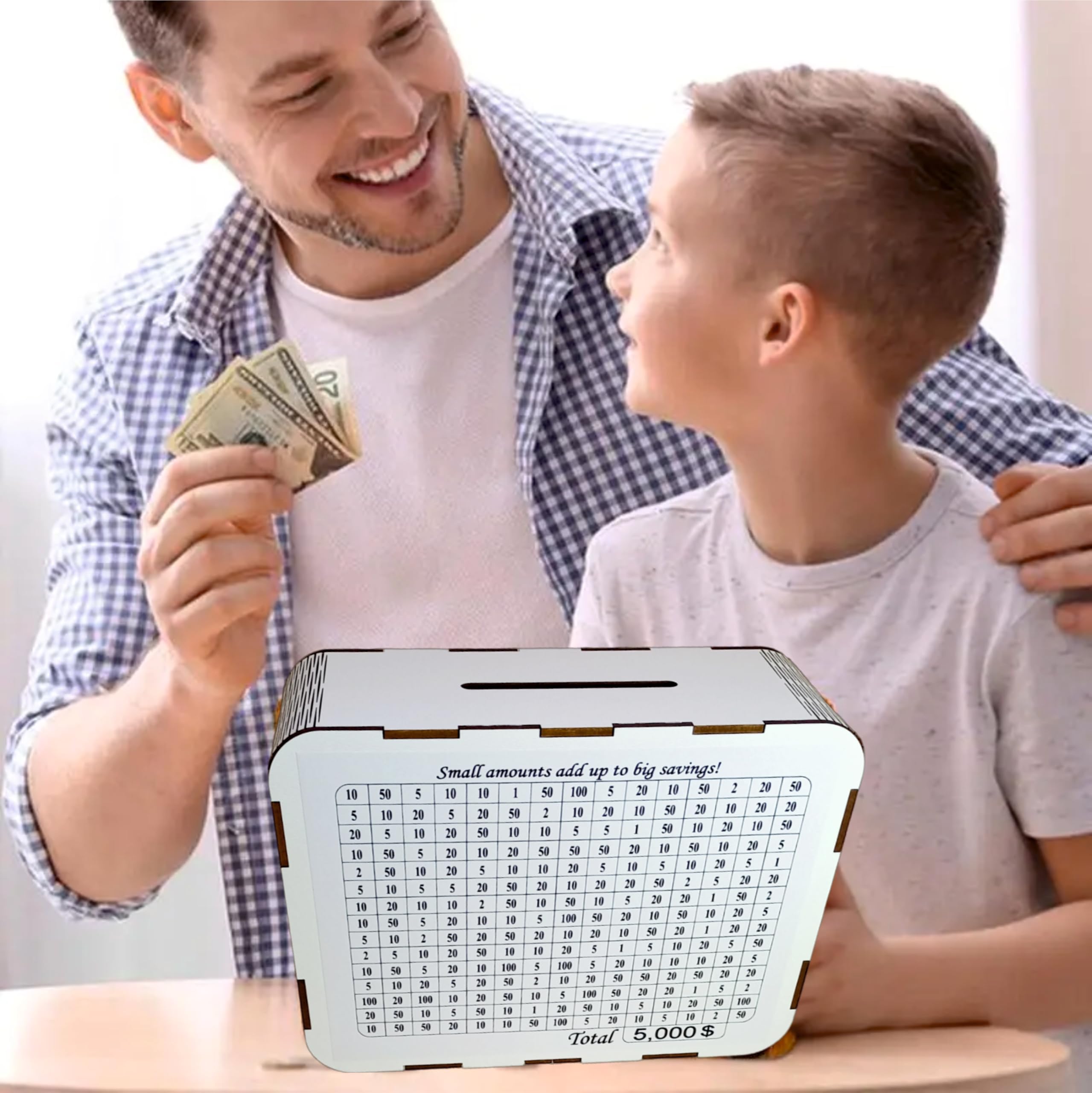 Premium Wooden Cash Saving Box - White One Piece Money Vault with 10000/5000/3000/1000 Dollar Goal Markers for Adults & Kids | Handcrafted Wood Piggy Bank & Savings Box for Home Office Decor, Birthday Gifts & Financial Planning