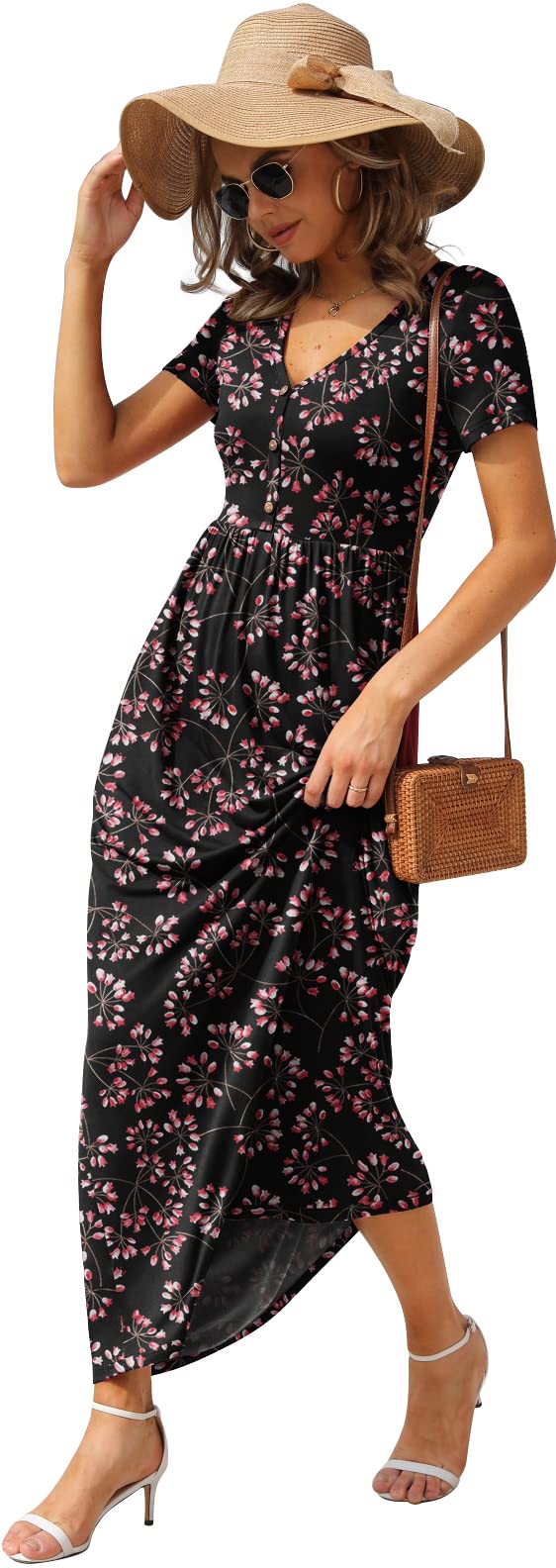 GRECERELLE Women's Long Maxi Dresses 2025 - Short Sleeve V-Neck Casual Summer Button Dress with Pockets | Perfect for Beach, Vacation & Everyday Wear