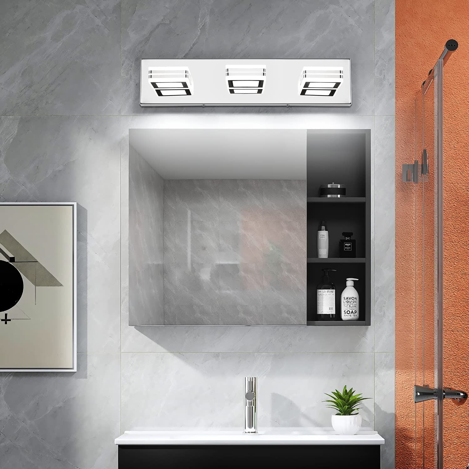Modern Chrome LED Bathroom Vanity Lights - 3 Light Mirror Fixture for Bathroom & Makeup Area