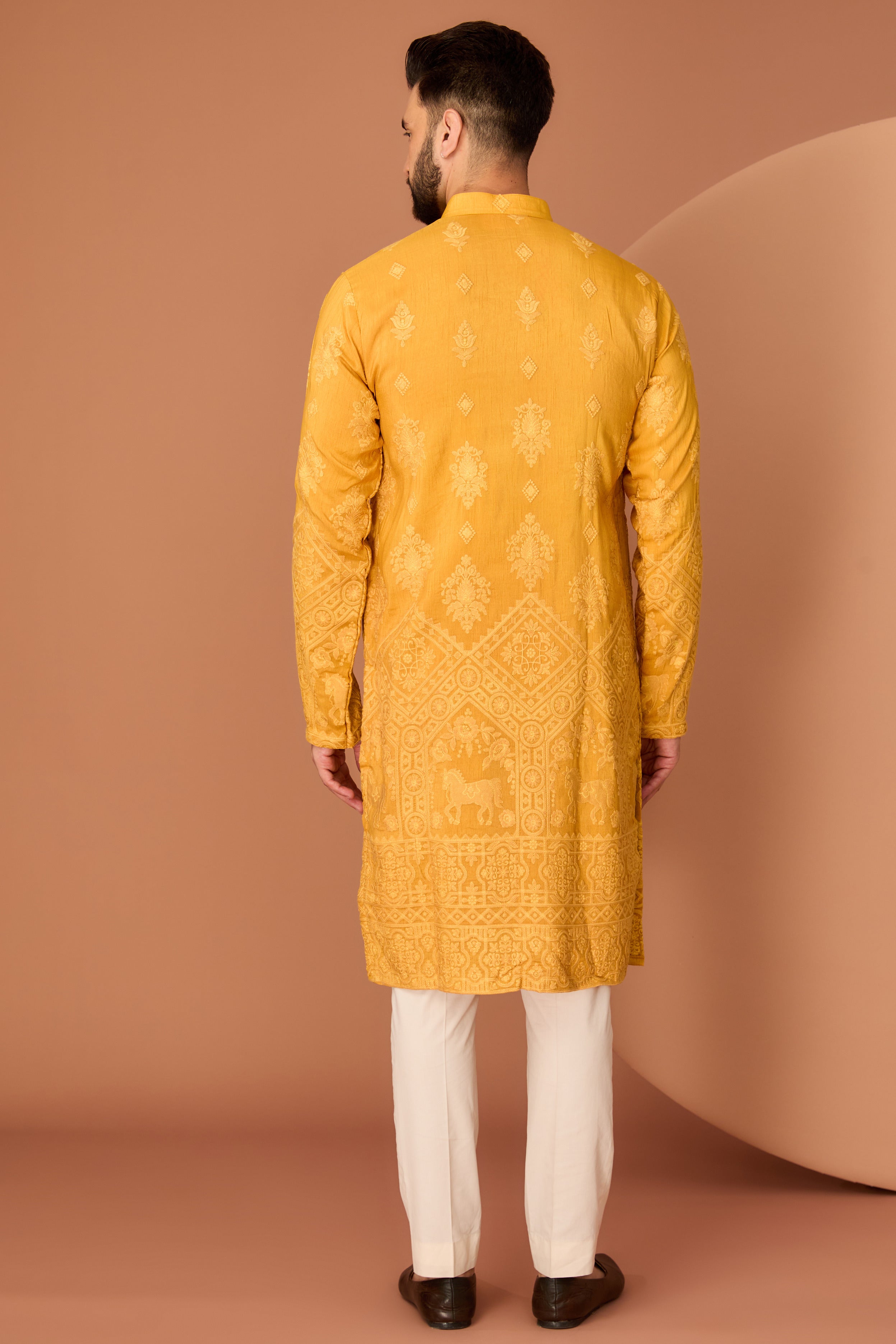 Mustard Chikankari Kurta with Intricate Figure Embroidery on Ghera - Elegant Indian Traditional Dress for Women - Perfect for Festivals, Weddings & Special Occasions