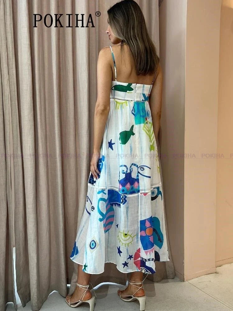 Elegant Strappy Slip Print Maxi Dress for Women - Fashionable Sweet Holiday Long Dress, Chic Sleeveless Beach Dress (Perfect for Vacations, Summer Outings & Beach Parties)