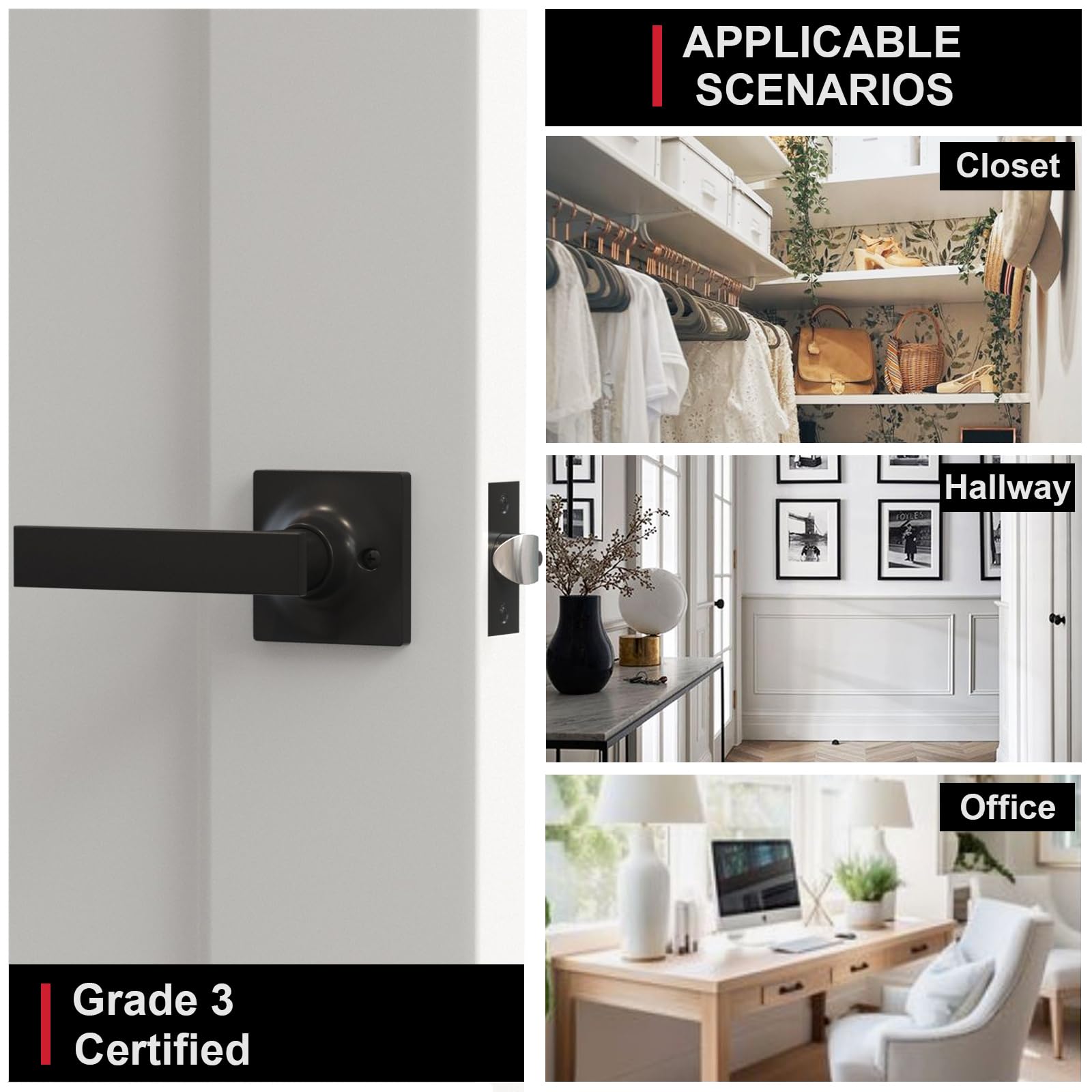 Matte Black Door Handle 8-Pack - Heavy Duty Interior Levers for Closet & Hallway | Keyless Square Knob, Reversible for All Doors