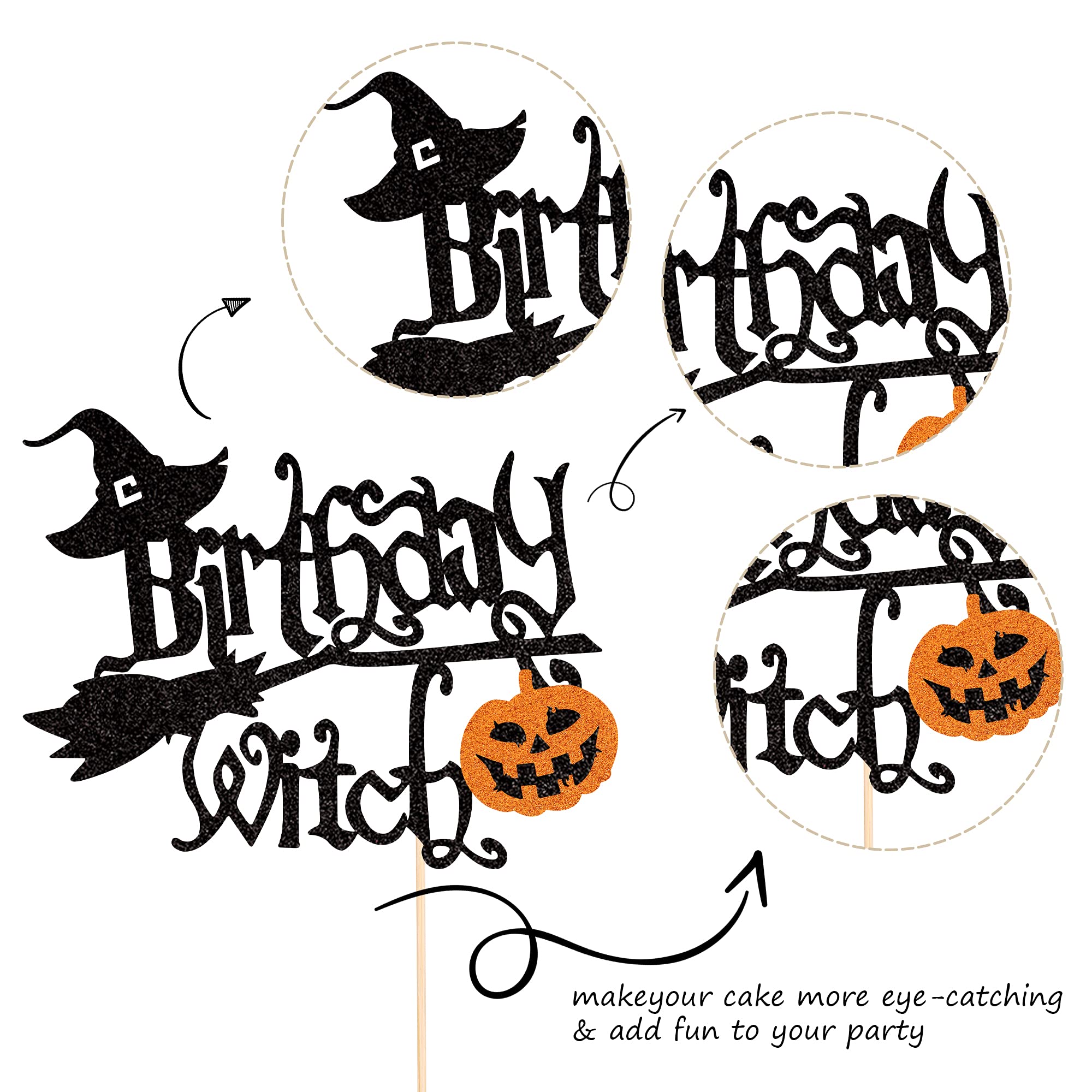 1 PCS Glitter Pumpkin Halloween Witch Cake Topper - Witch Cake Pick Decorations for Halloween Party, Girls Birthday Party Supplies | Perfect for Cupcakes, Cakes, Desserts & Themed Celebrations