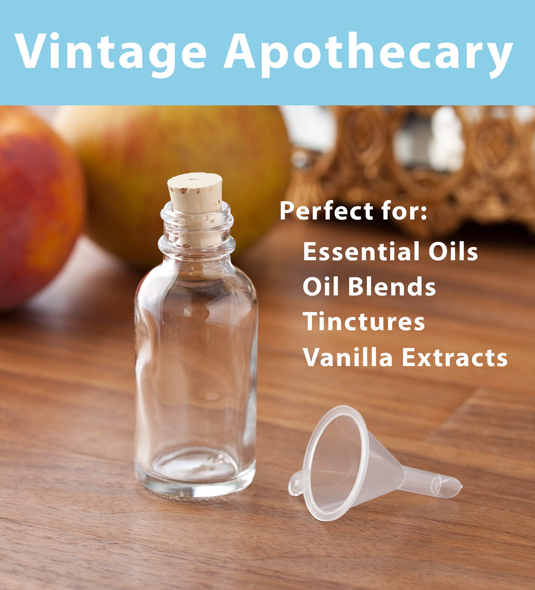 JUVITUS 4-Pack 1 oz (30 ml) Clear Glass Boston Round Bottles with Cork Stoppers & Funnel - Essential Oil, Perfume, DIY Craft Storage - Perfect for Home, Lab & Travel Use