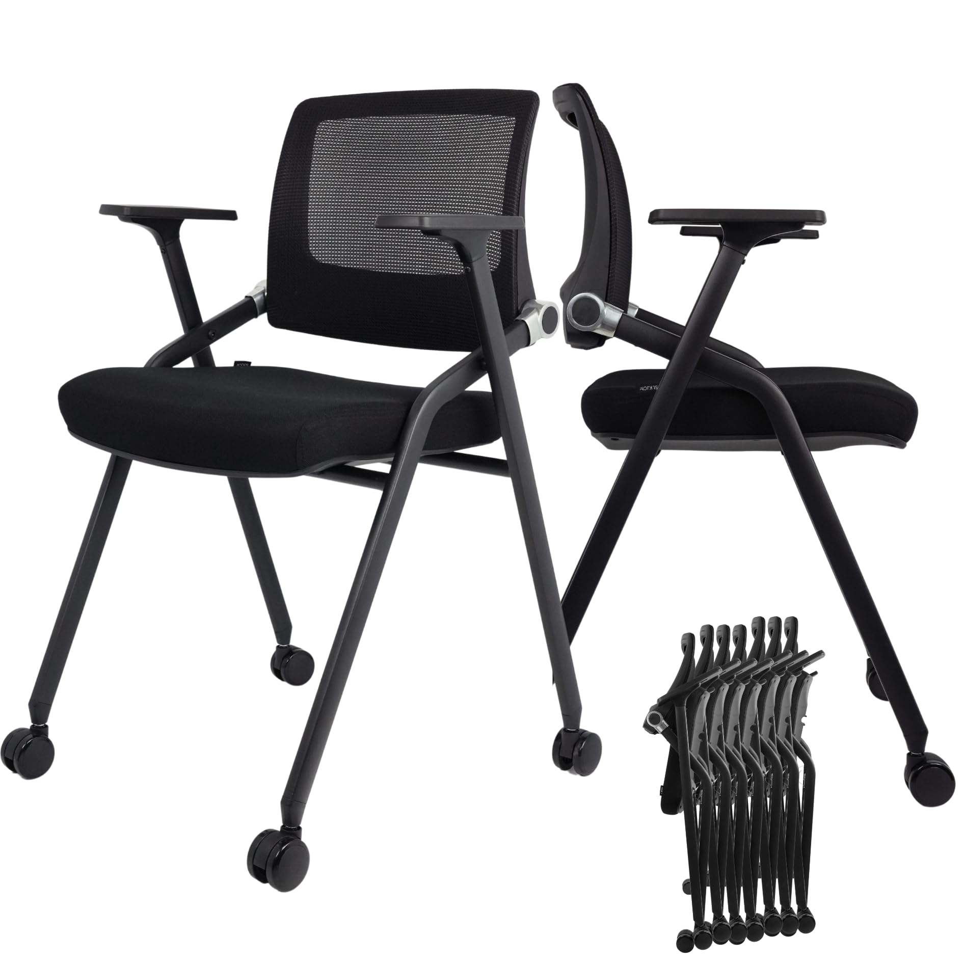 10 Pack Foldable Office Chairs with Wheels - Ergonomic Mesh Back & Armrests, Stackable Conference Chairs for Office, Guest & Reception - Portable Meeting Chairs (Black, 300 lbs Capacity) - Perfect for Home Office, Conference Rooms & Temporary Seating Events