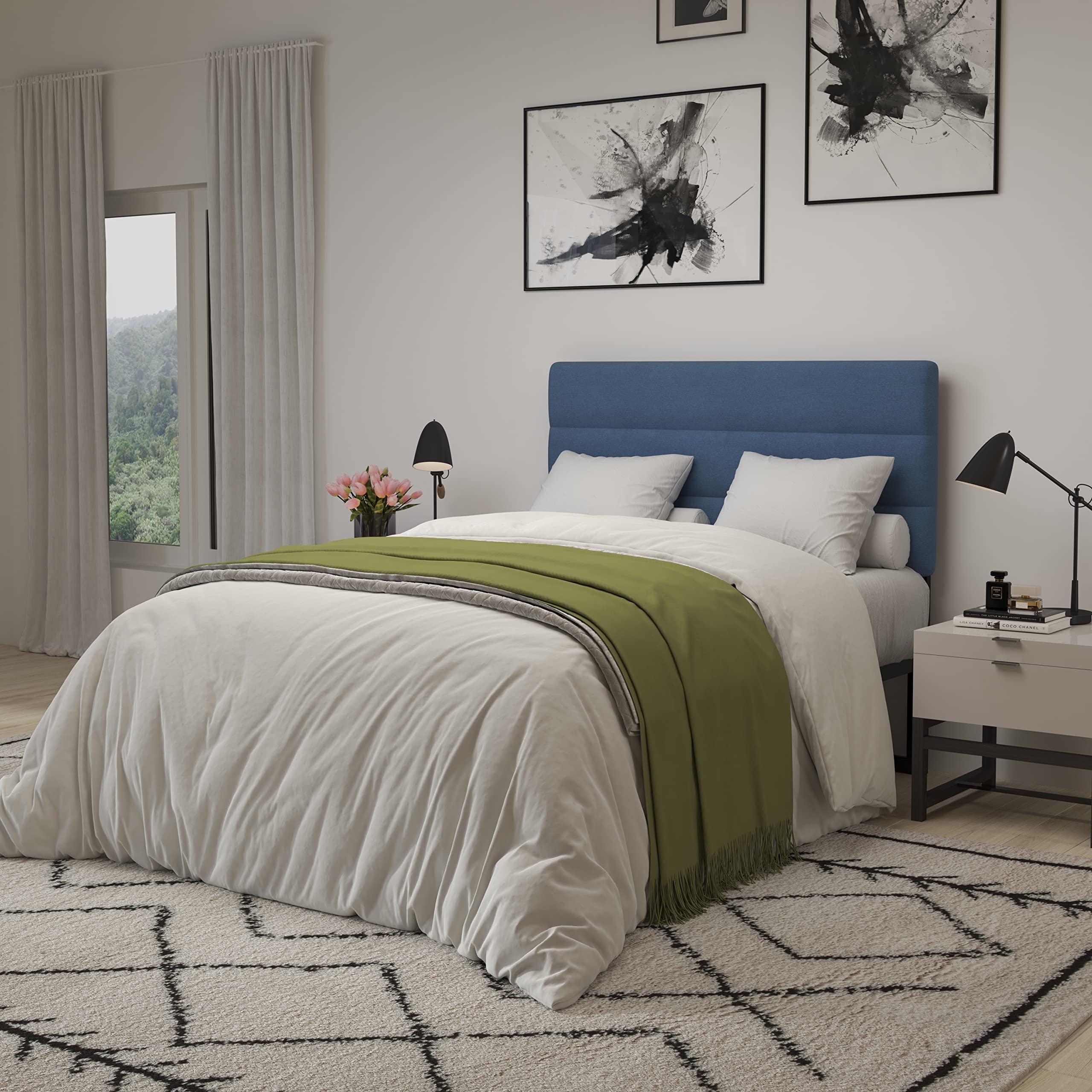 Merrick Lane Coppola Full Size Upholstered Headboard - Blue Button Tufted Fabric with Metal Adjustable Legs - Fits Standard Bed Frames - Perfect for Master Bedrooms & Guest Rooms