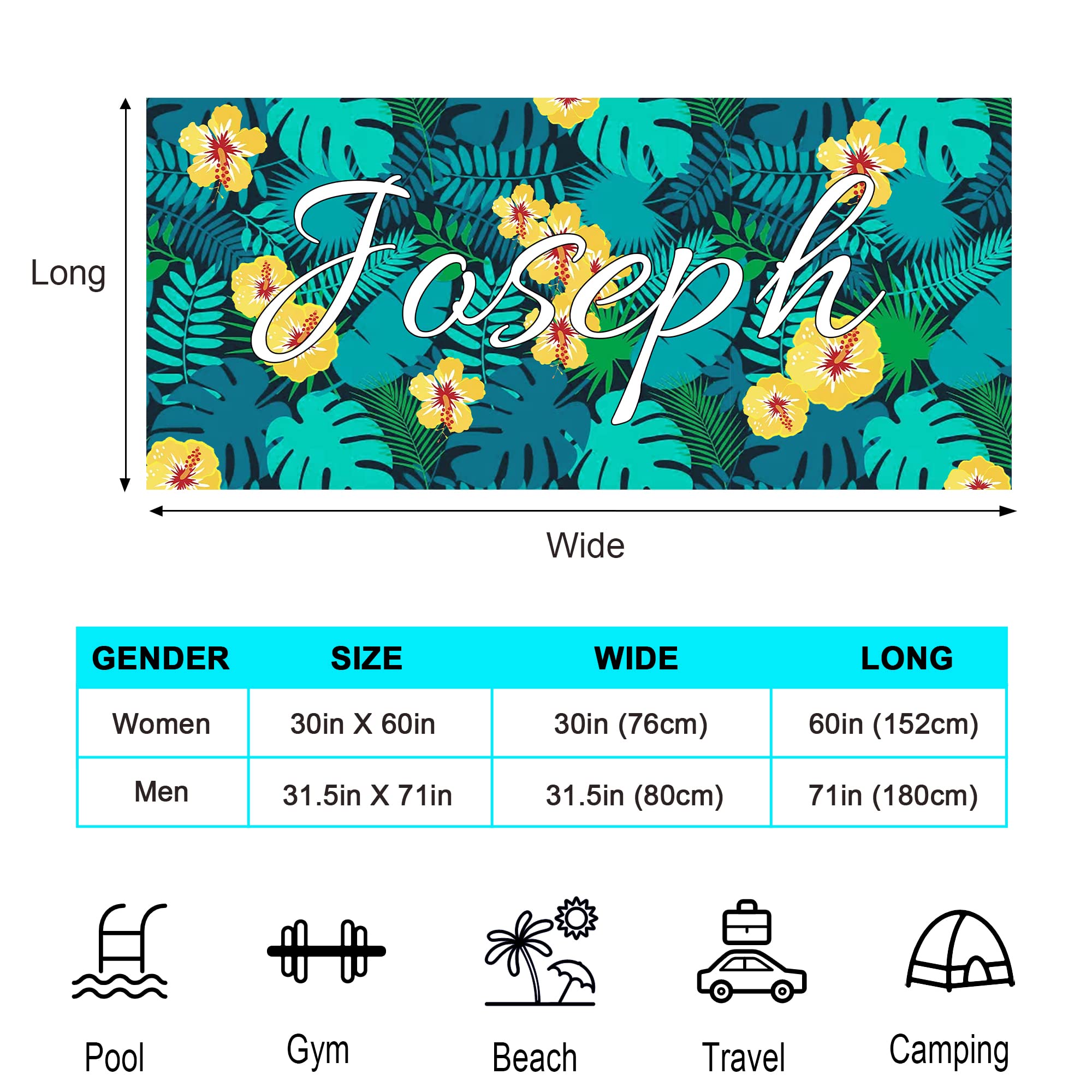 Personalized Custom Beach Towel with Name - Super Absorbent Quick Dry Microfiber Pool Towel for Swimming, Camping & Beach - Oversized Sand-Free Bath Towel for Women & Men - Perfect for Summer Vacations, Pool Parties & Outdoor Adventures