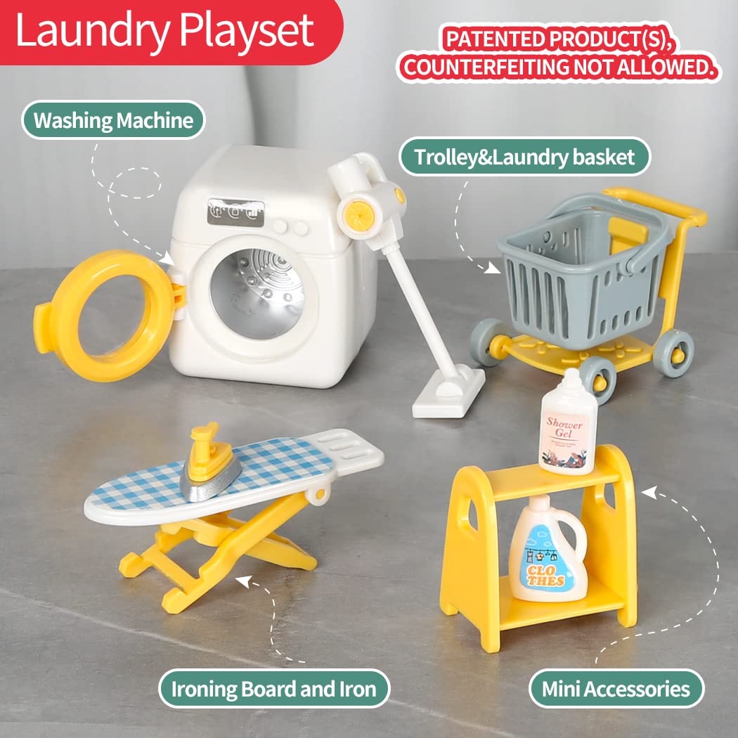 TAKIHON Dollhouse Furniture Set - Mini Kitchen & Bathroom Toys with Fridge & Washing Machine | Educational Pretend Play Accessories for Kids, Toddlers, Boys & Girls | Perfect for Role Play, Early Learning & Creative Fun