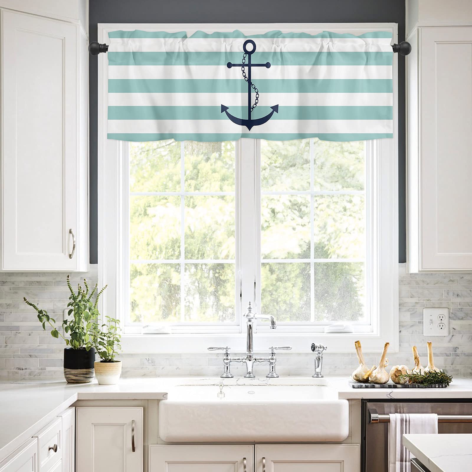 Teal Geometric Stripes Marine Anchor Kitchen Curtains Set with Valances - 24 Inch Length Rod Pocket Tier Curtains in Ocean Turquoise Pattern - Perfect for Cafe, Bedroom, and Coastal-Themed Windows