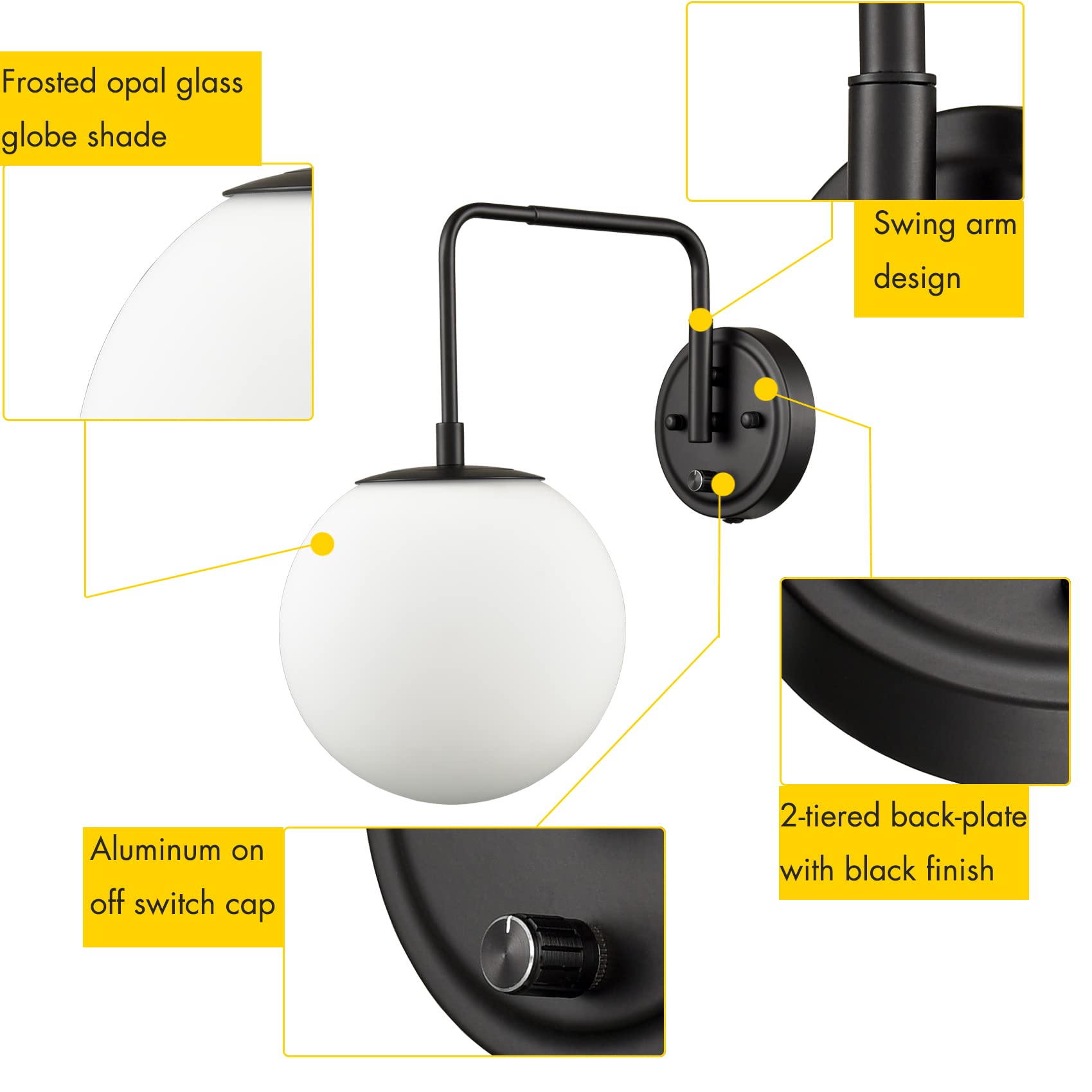 DAYCENT Farmhouse Plug-in Wall Sconces - Black Swing Arm Globe Wall Lights with On/Off Switch & Cord - Perfect for Bedroom, Living Room & Hallway Lighting