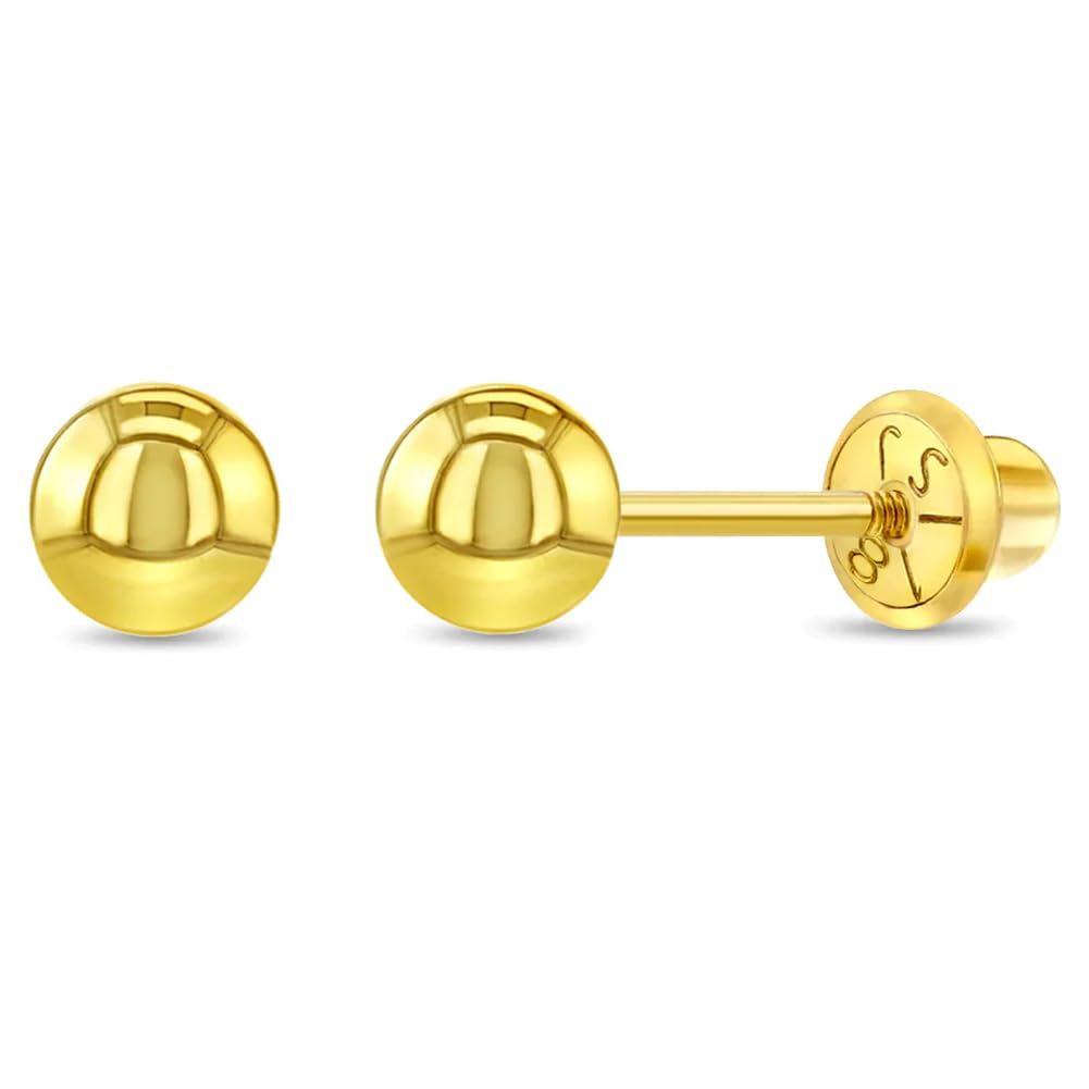 18k Yellow Gold Classic Ball Safety Screw Back Stud Earrings for Babies & Toddlers - 3mm-5mm Hypoallergenic Earrings for Newborns, Infants & Little Girls | Perfect for Baptism, Christening & First Birthday Gifts