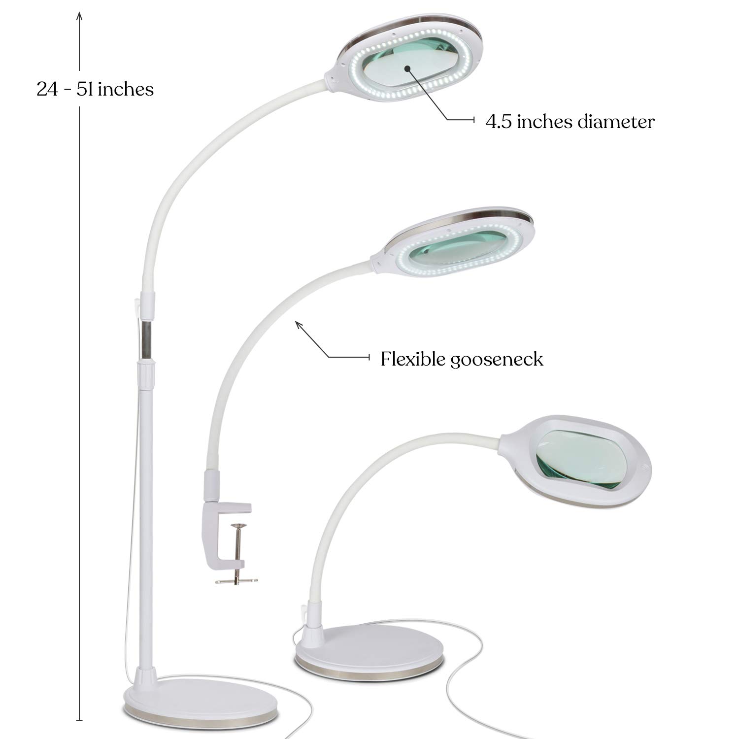 Brightech LightView Pro Magnifying LED Desk Lamp - 3-in-1 Adjustable Floor Lamp with Glass Magnifier for Reading, Hobbies & Professional Work | Durable Flexible Work Light for Crafts, Sewing, Jewelry Making & Detailed Tasks (White)