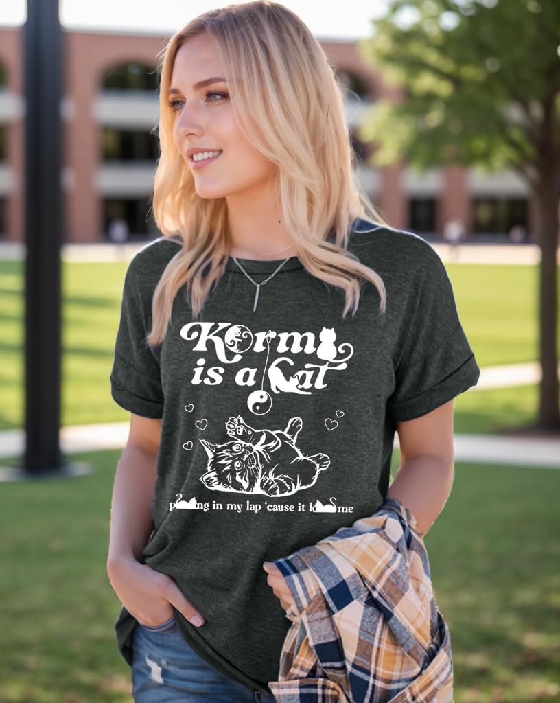 Women's Cute Cat Lover Graphic T-Shirt - Music Fan Country Concert Outfit with Letter Print - Casual Tee Tops for Cat Owners & Music Lovers (Perfect for Concerts, Casual Wear & Cat-Themed Events)