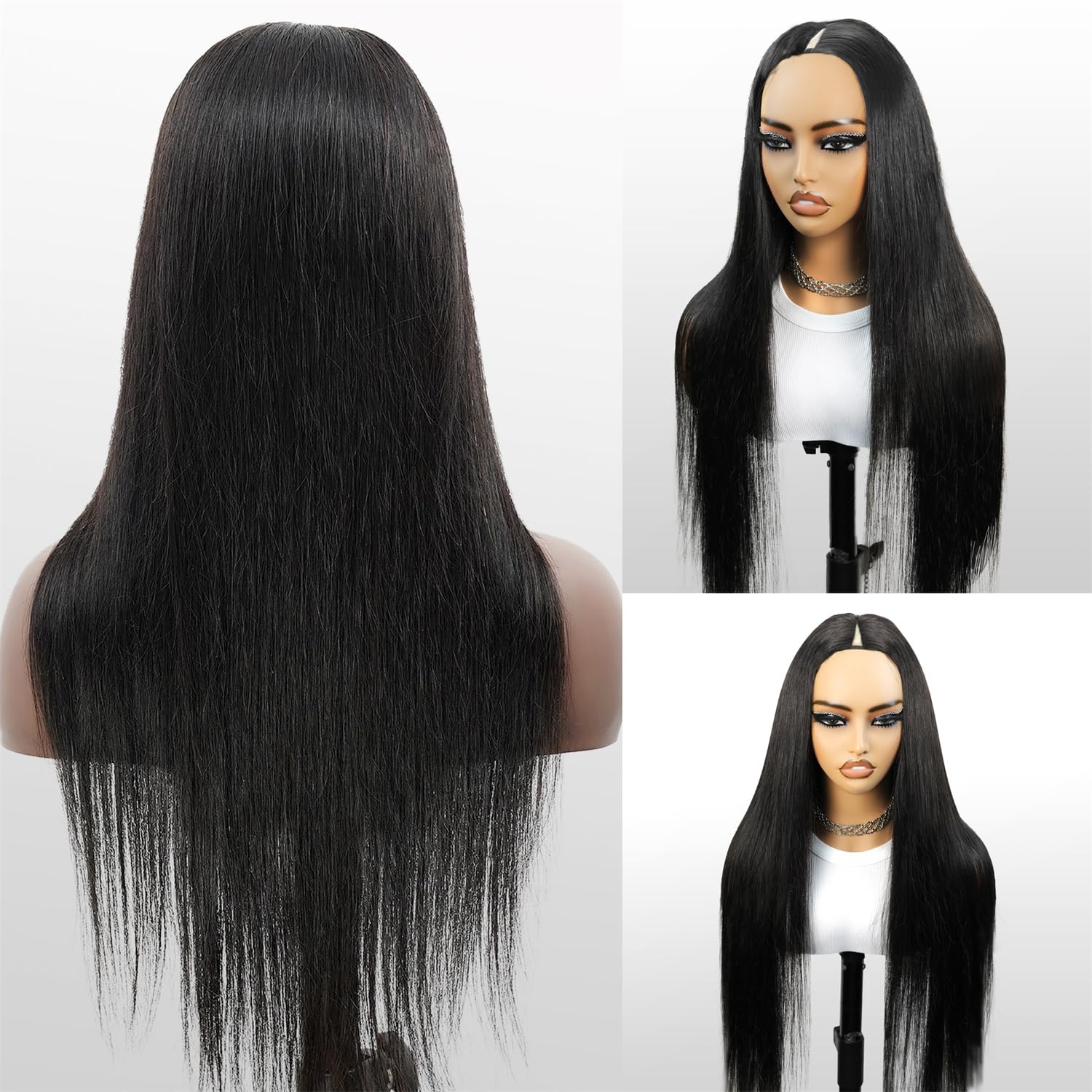 Brazilian Human Hair V Part Wig - 26 Inch Bone Straight Glueless No Sew in Wig for Black Women - 180% Density Natural Color - Perfect for Daily Wear, Parties & Special Occasions