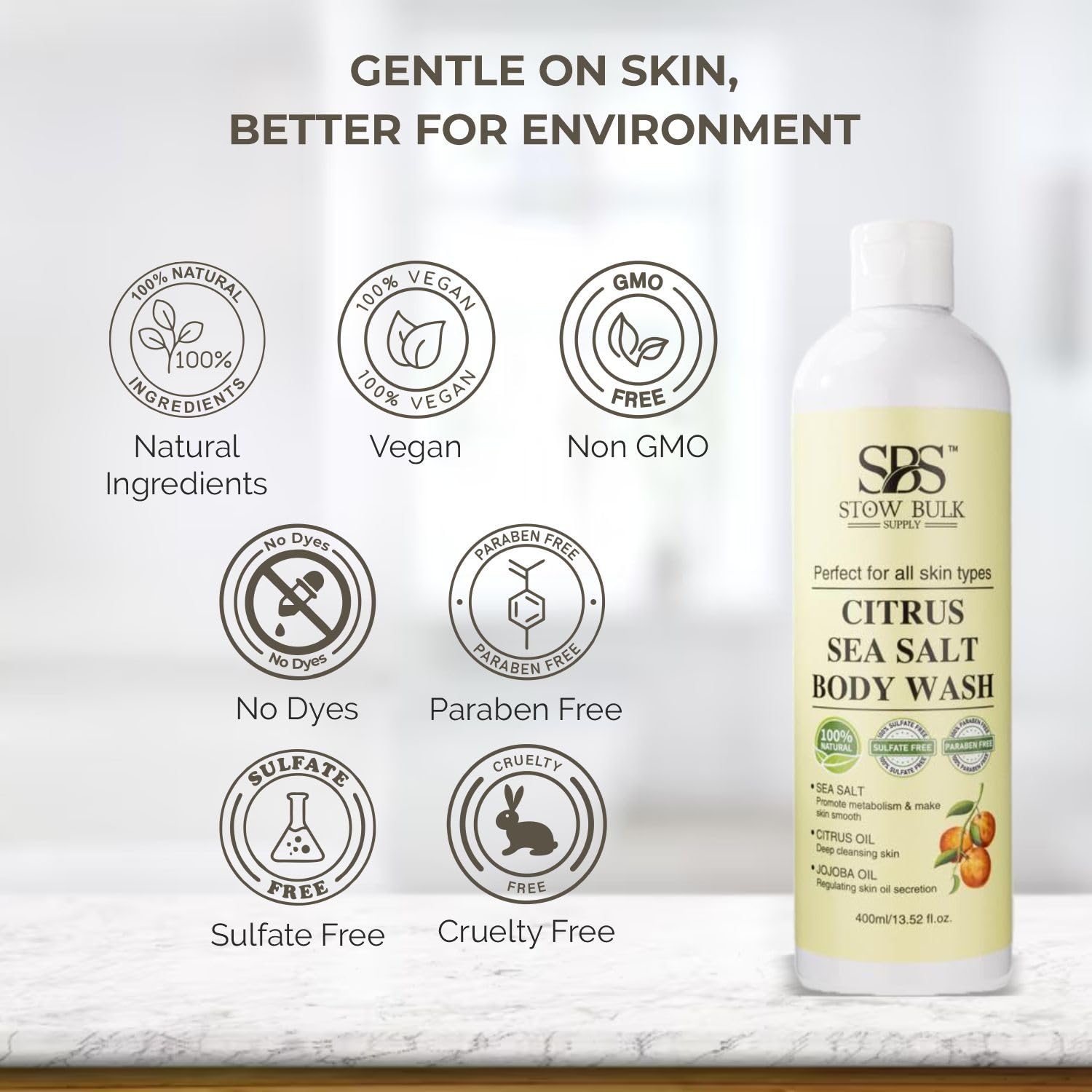 Stow Bulk Citrus Sea Salt Body Wash - 13.5 Fl Oz | Natural Exfoliating & Hydrating Shower Gel for Men & Women | Perfect for Dry Skin, Post-Workout & Spa Day