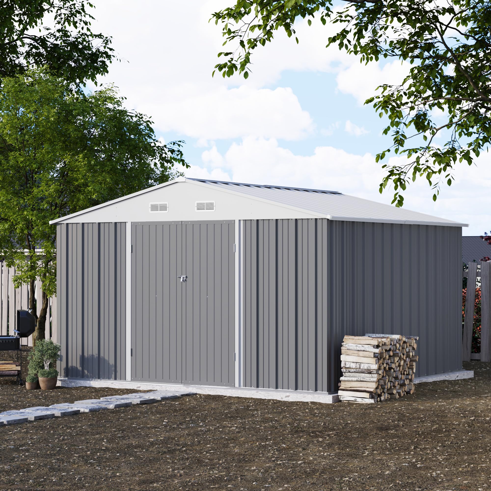 Patiowell 10x10 Feet Metal Storage Shed - Heavy Duty Steel Outdoor Utility Shed with Lockable Doors for Garden Tools, Lawn Equipment & Backyard Organization (Grey) - Perfect for Patio, Yard & Garage Storage Solutions