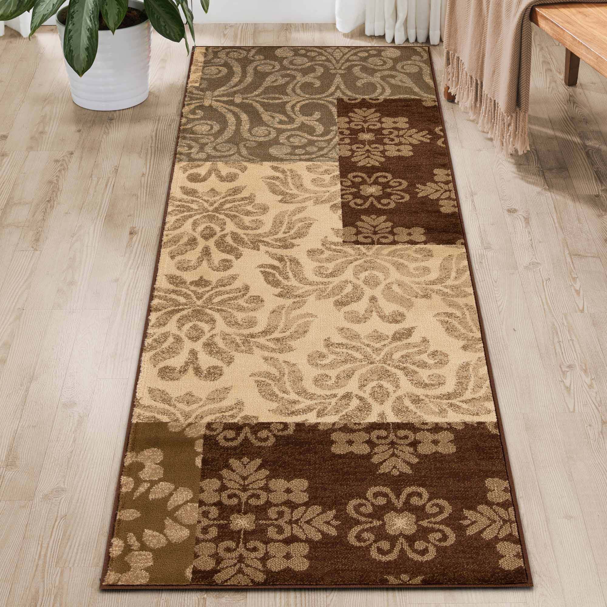 Floral Medallion Blocks Geometric Indoor Area Rug - Non-Slip Boho Chic Carpet for Living Room, Bedroom, or Hallway Runner - Soft & Durable Home Decor