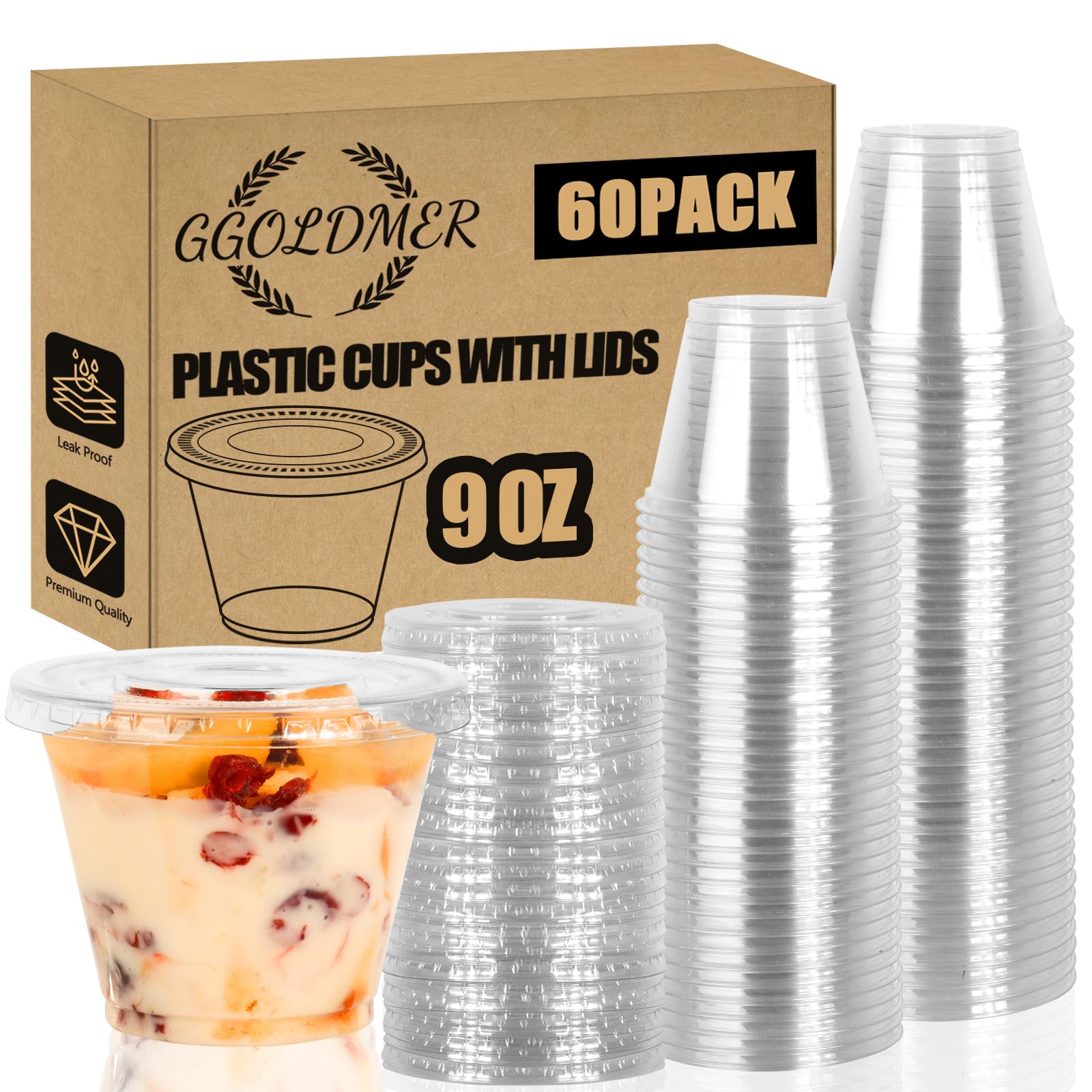 60 Pack 9 oz Clear Disposable Plastic Cups with Lids - No Hole Dessert Cups for Ice Cream, Pudding, Fruit, Cake, Smoothies, Cold Drinks & Snacks - Perfect for Parties, Picnics, Catering & Home Use