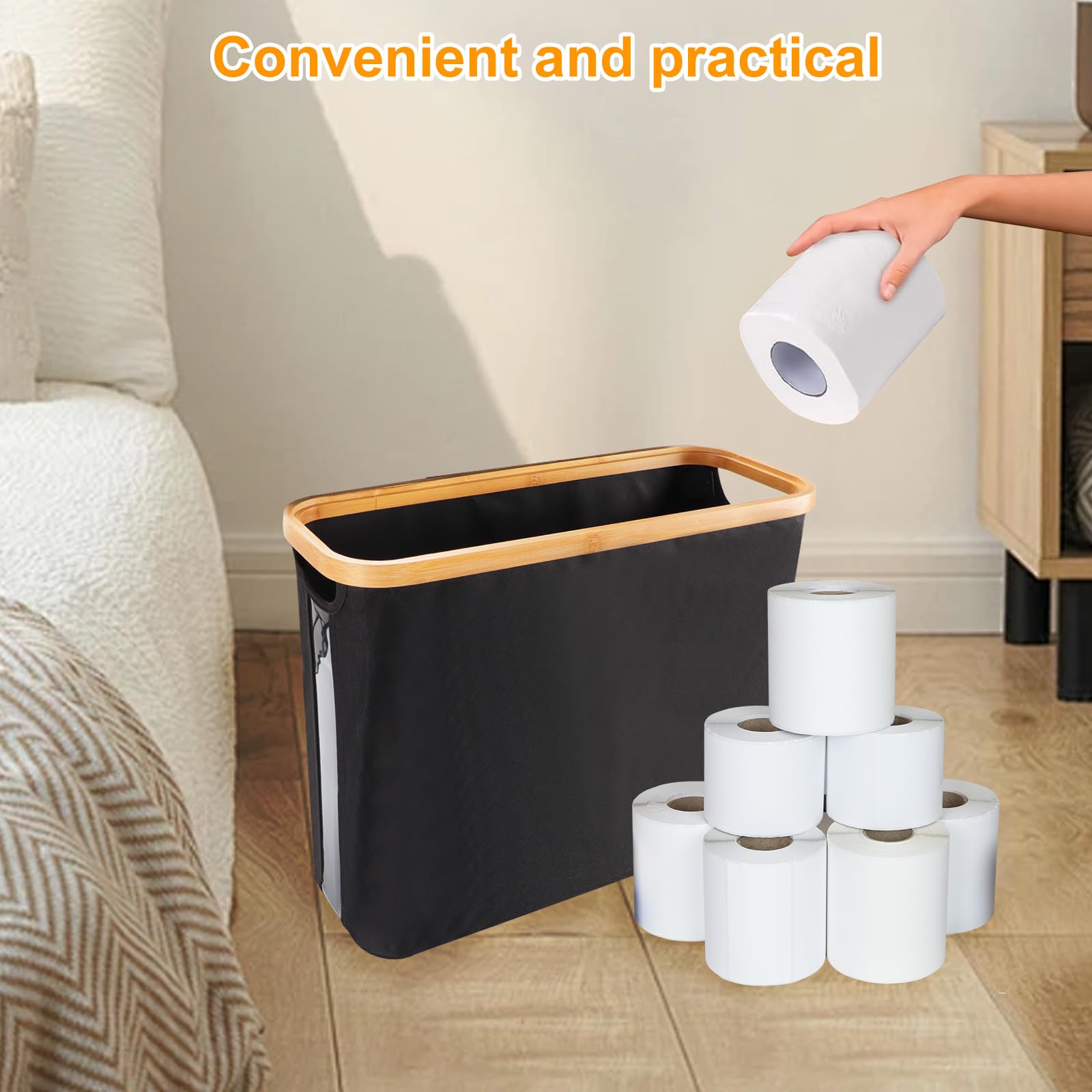 Toilet Paper Storage Basket with Lid - Holds 12 Mega Rolls | Bathroom Organizer & Accessories Holder | Space-Saving Toilet Paper Bin for Bathroom, RV, or Guest Room (Black)