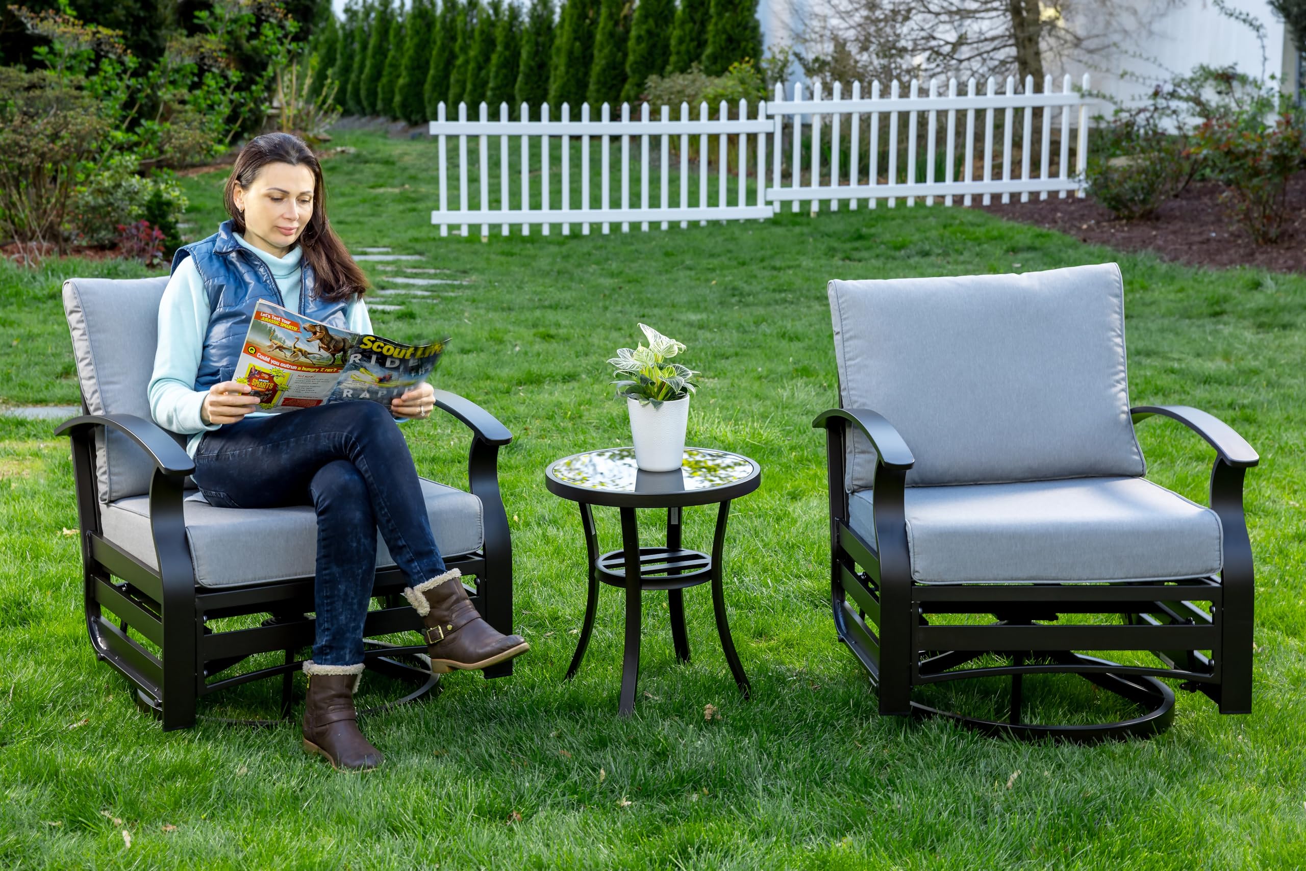 Gotland 3-Piece Outdoor Aluminum Swivel Rocking Chair Set with Coffee Table & Cushions - Patio Furniture for Porch, Garden, Deck, or Backyard Relaxation