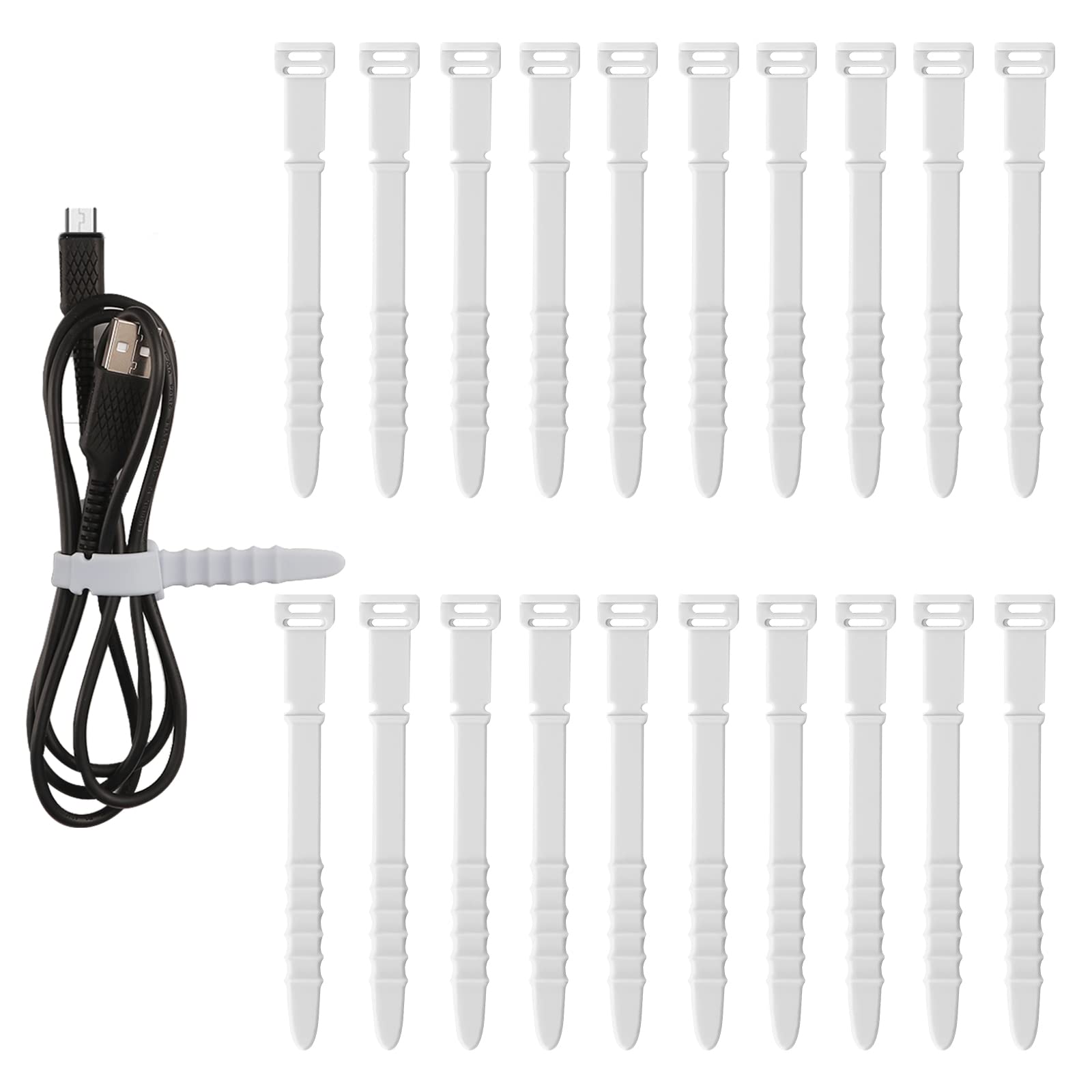 SAVITA 20pcs Reusable Silicone Cable Ties - 4.5inch Elastic Wire Organizer Straps for Charging Cables, USB Wires, Earphones, Pens & Keychains (White) | Perfect for Home Office, Travel & Electronics Organization