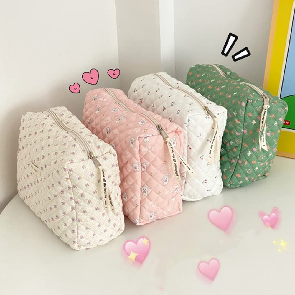 Juoxeepy Large Cotton Makeup Bag - Quilted Cosmetic Pouch for Travel & Toiletries | Coquette Aesthetic Floral Design | 9.4x6.7x3.54 inches (B-Beige) | Perfect for Vacation, Gym, Bridal Shower & Daily Organizer